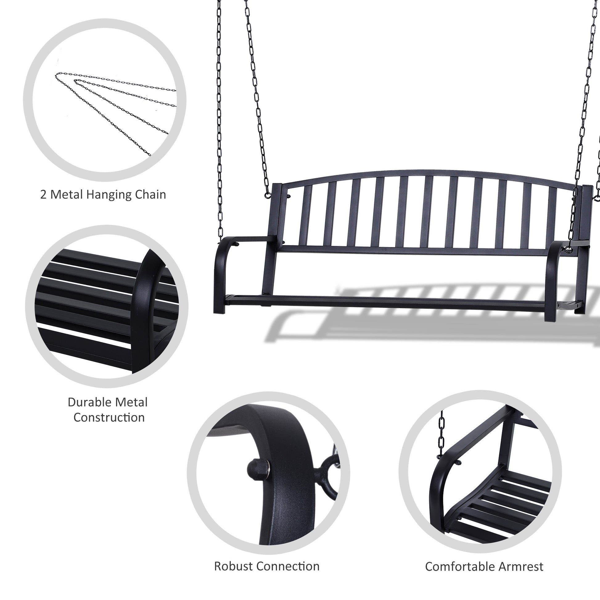 Outsunny 2 Person Front Porch Swing Patio Swing Bench, Outdoor Steel Swing Chair With Sturdy Chains, For Backyard, Deck, 528 Lb Weight Capacity, Black Black Steel
