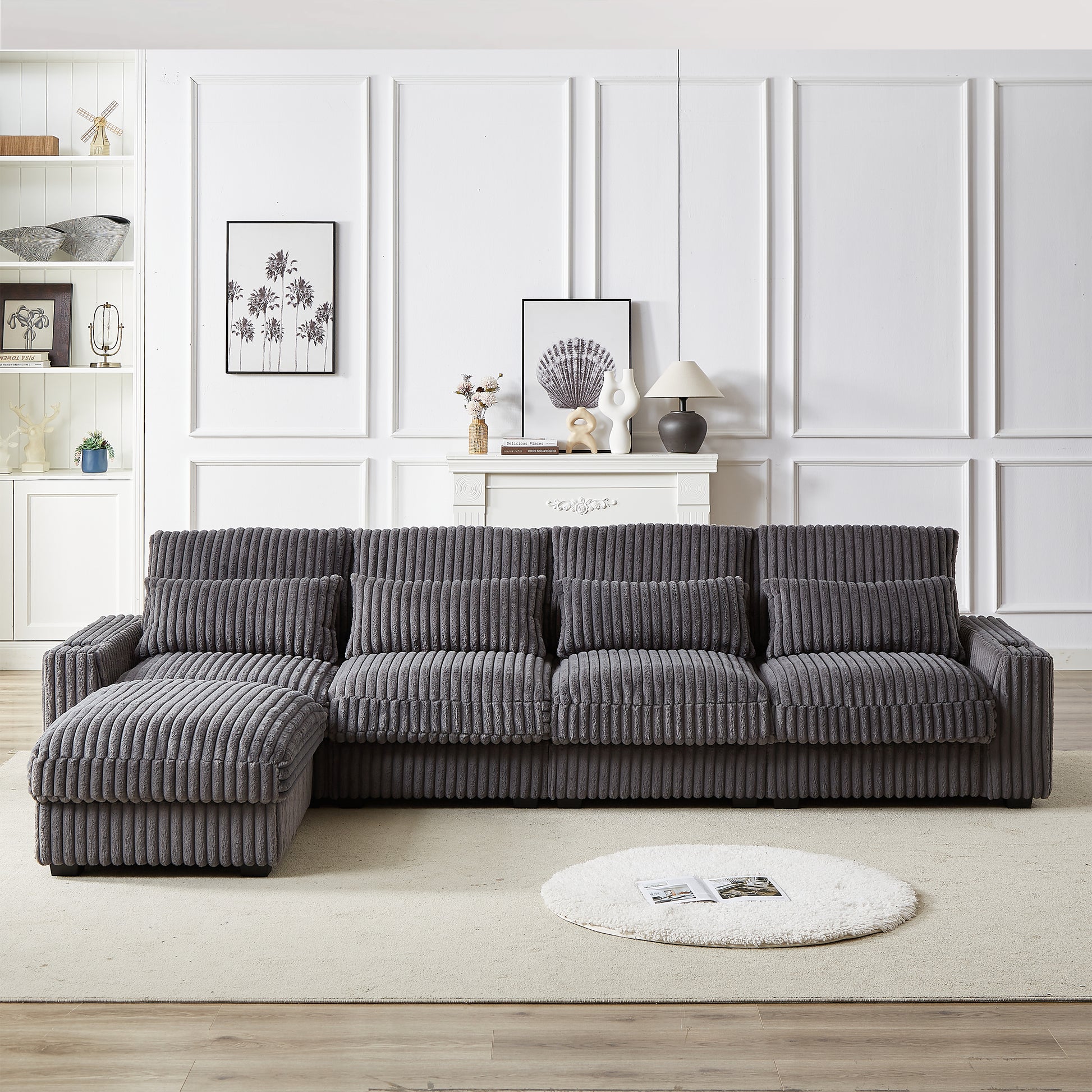 128 Inch Corduroy With Cup Holder Super Large L Shaped Sofa, Movable Footrest, Four Waist Pillows And Four Back Cushion, With Usb Port And T Pyce Port Grey Corduroy 4 Seat