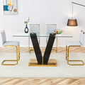 Table And Chair Set,Clear Tempered Glass And Black Legs Of The Table, Pu And Gold Legs Of The Chair Black Grey Seats 4 Tempered Glass