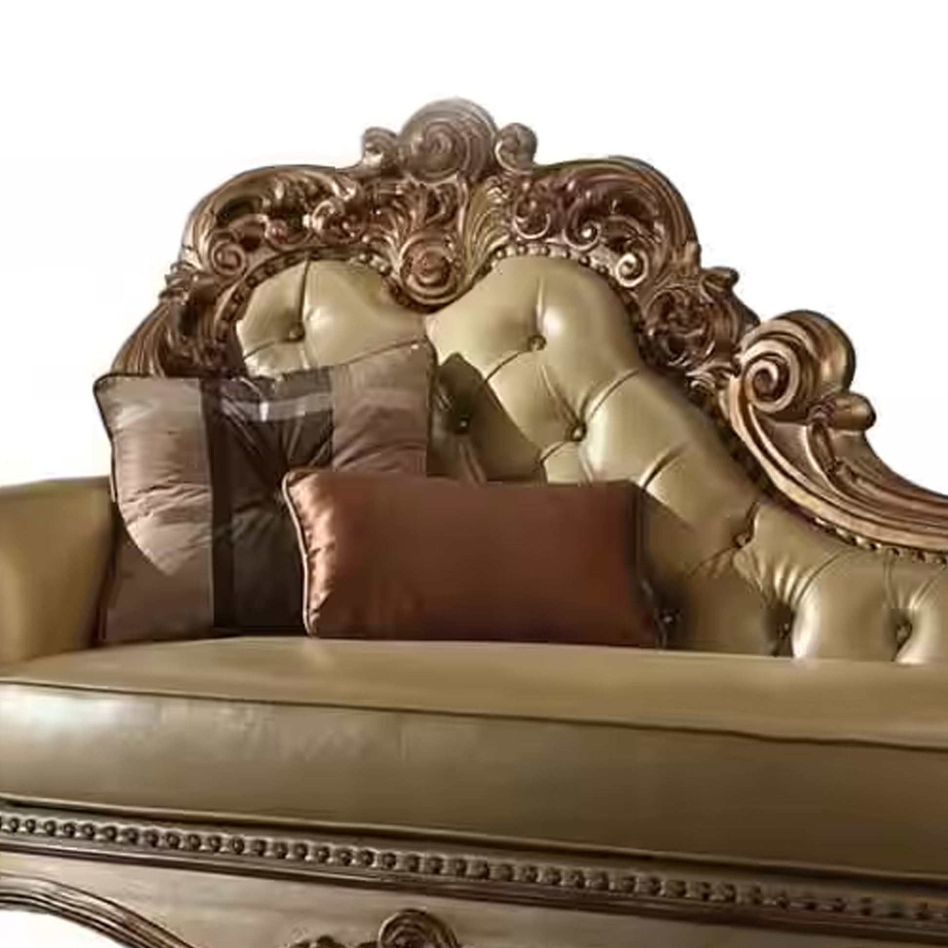 Wooden Gracious Chaise With 2 Pillows, Gold Patina & Bone Gold Wood