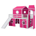 Full Size Loft Bed With Slide Pink Tent And Tower Pink Old Sku:Wf298771Aah Full Pink Solid Wood