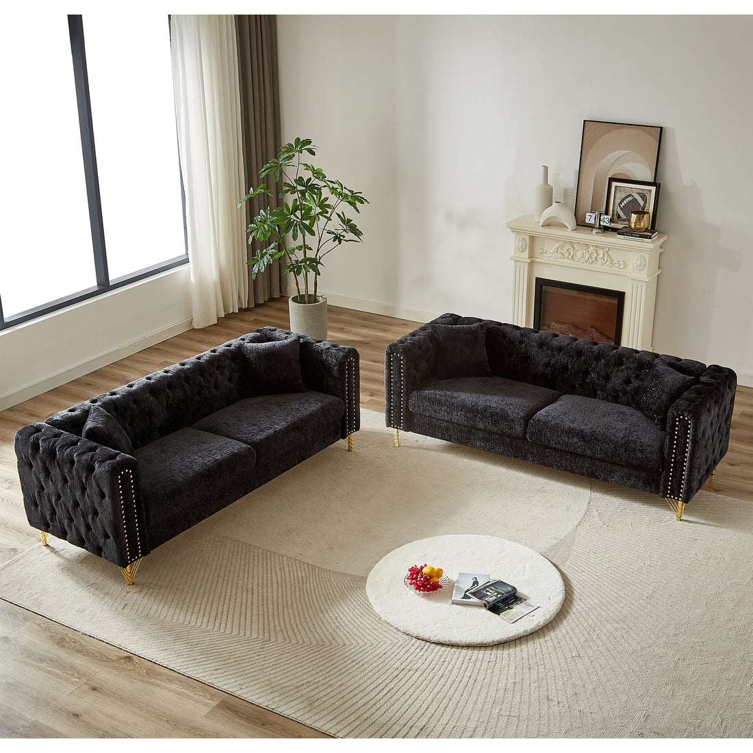 Chenille Pull Buckle Design Sofa For Living Room,Buttons Tufted With Copper Nail Decoration Armrest, Modern Couch Upholstered Button And Metal Legs Black Foam Chenille 6 Seat