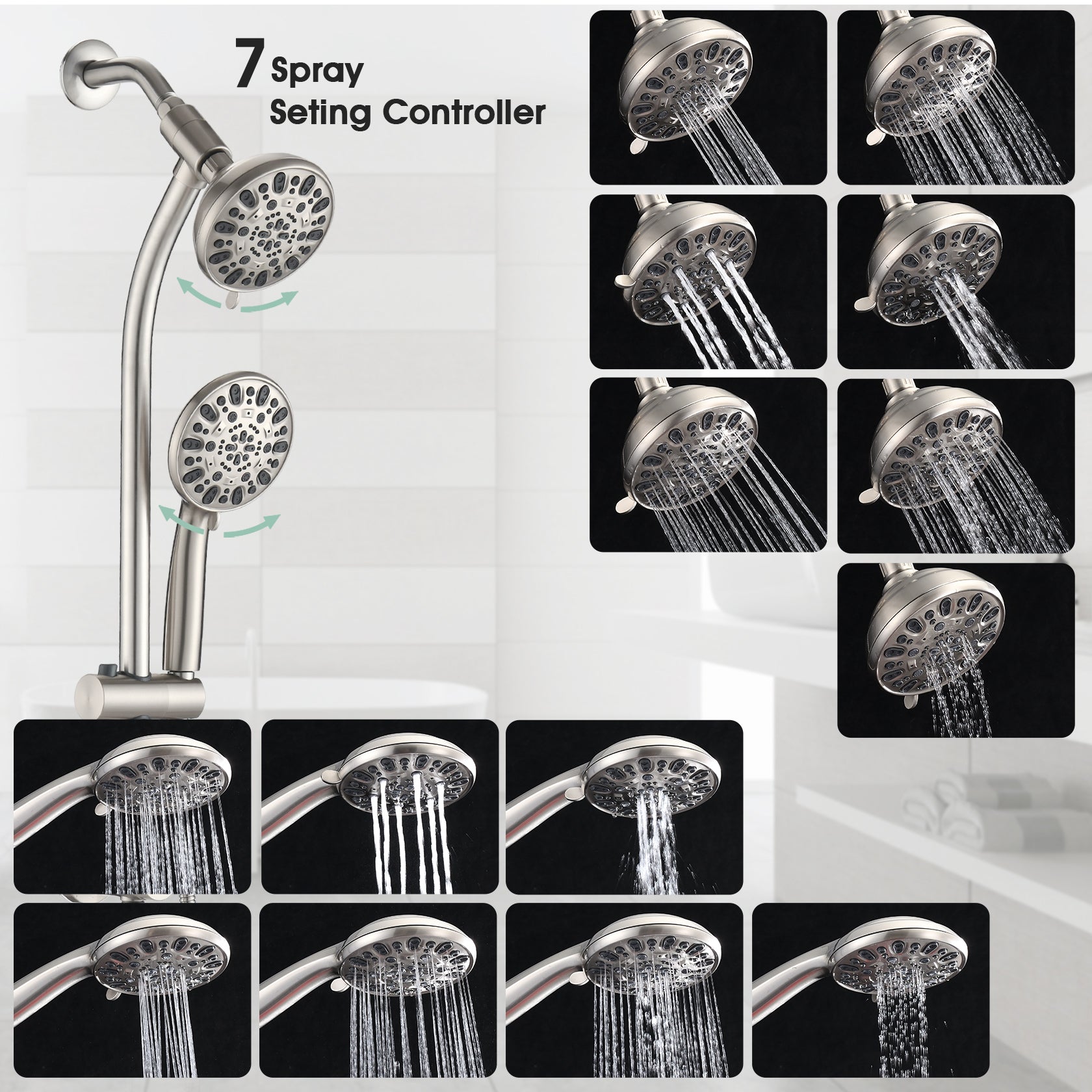 5" Brushed Nickel Rain Showerhead With Handheld Shower, 7 Spray Modes, Stainless Steel Slide Bar Brushed Nickel Stainless Steel