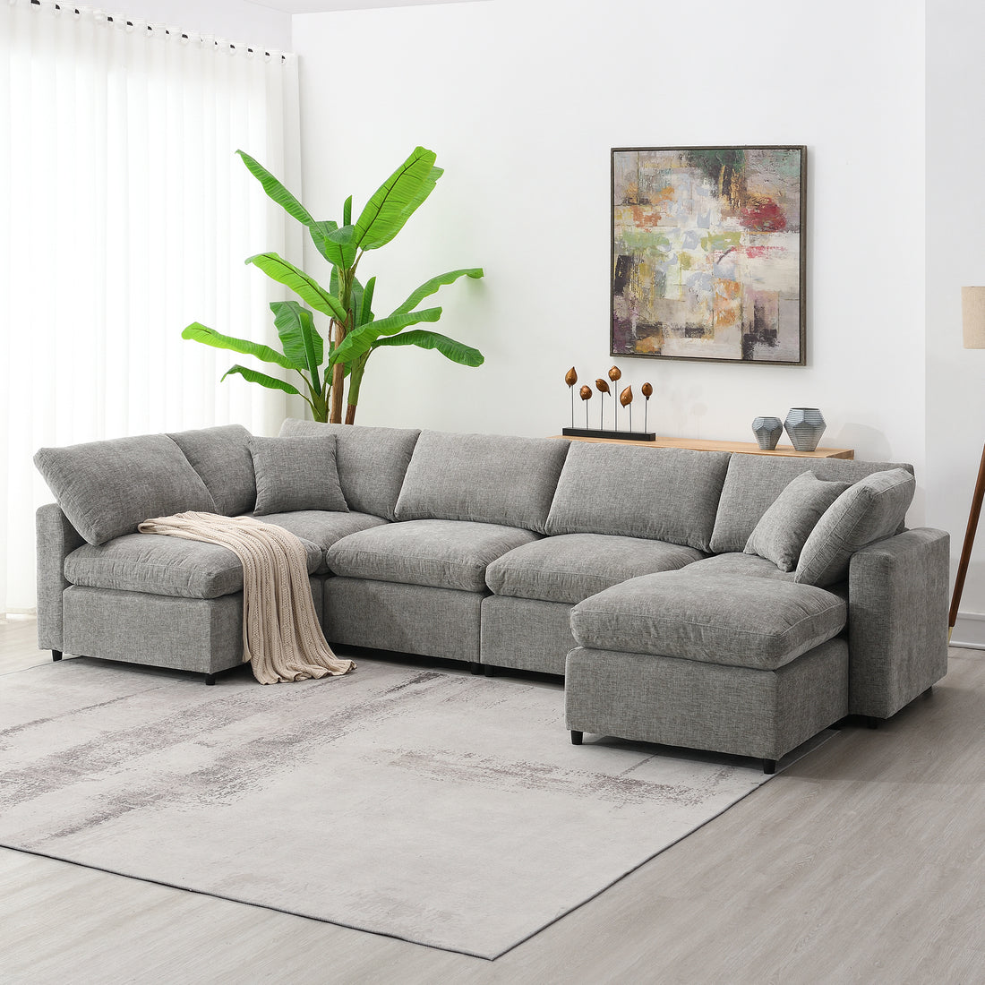 130*65" Modern Modular Cloud Sofa Bed, 6 Seat Chenille Sectional Couch Set With Ottoman,Free Combination,Convertible U Shaped Sleeper Sofa For Living Room, Apartment, 3 Colors Gray Chenille 6 Seat