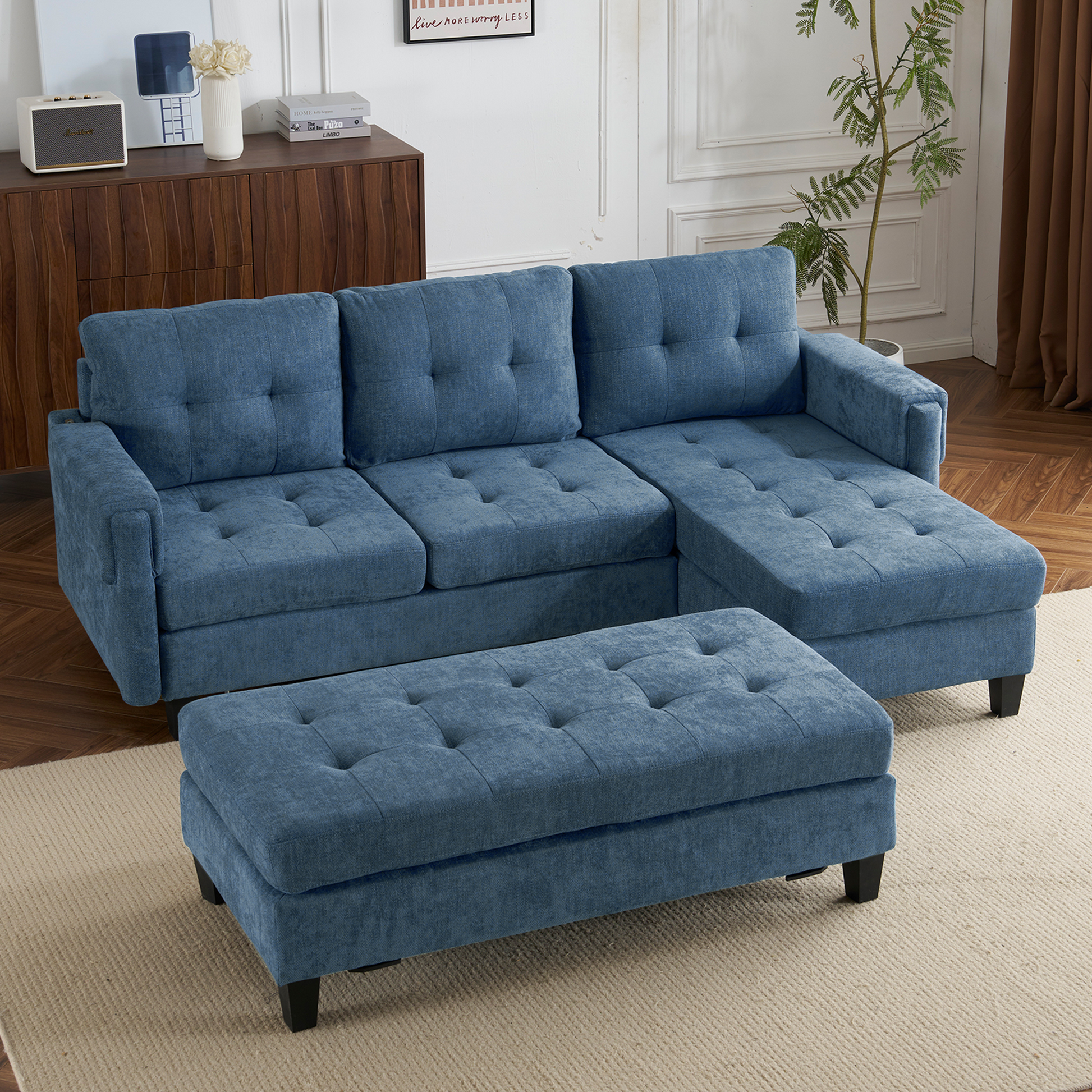 83.4" L Shaped Sofa Sectional Couch Sofa Bed With Two Usb Ports, A Movable Ottoman And A Reversible Chaise Lounge For Living Room, Navy Blue Navy Blue Foam Chenille 5 Seat