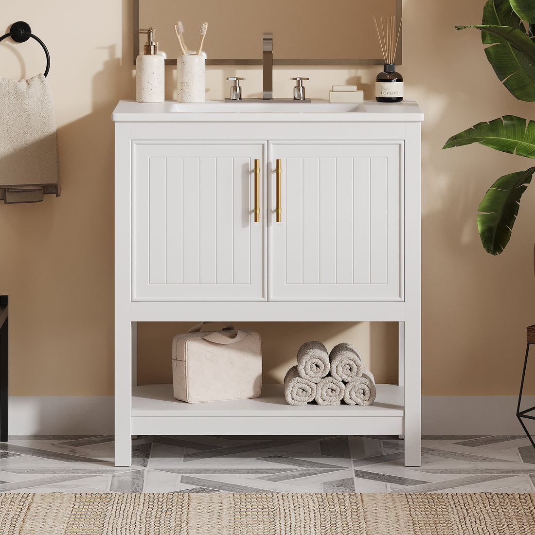 30 Inch White Bathroom Vanity With Ceramic Sink And Versatile Storage Ideal For Small Bathrooms White Bathroom Solid Wood Mdf