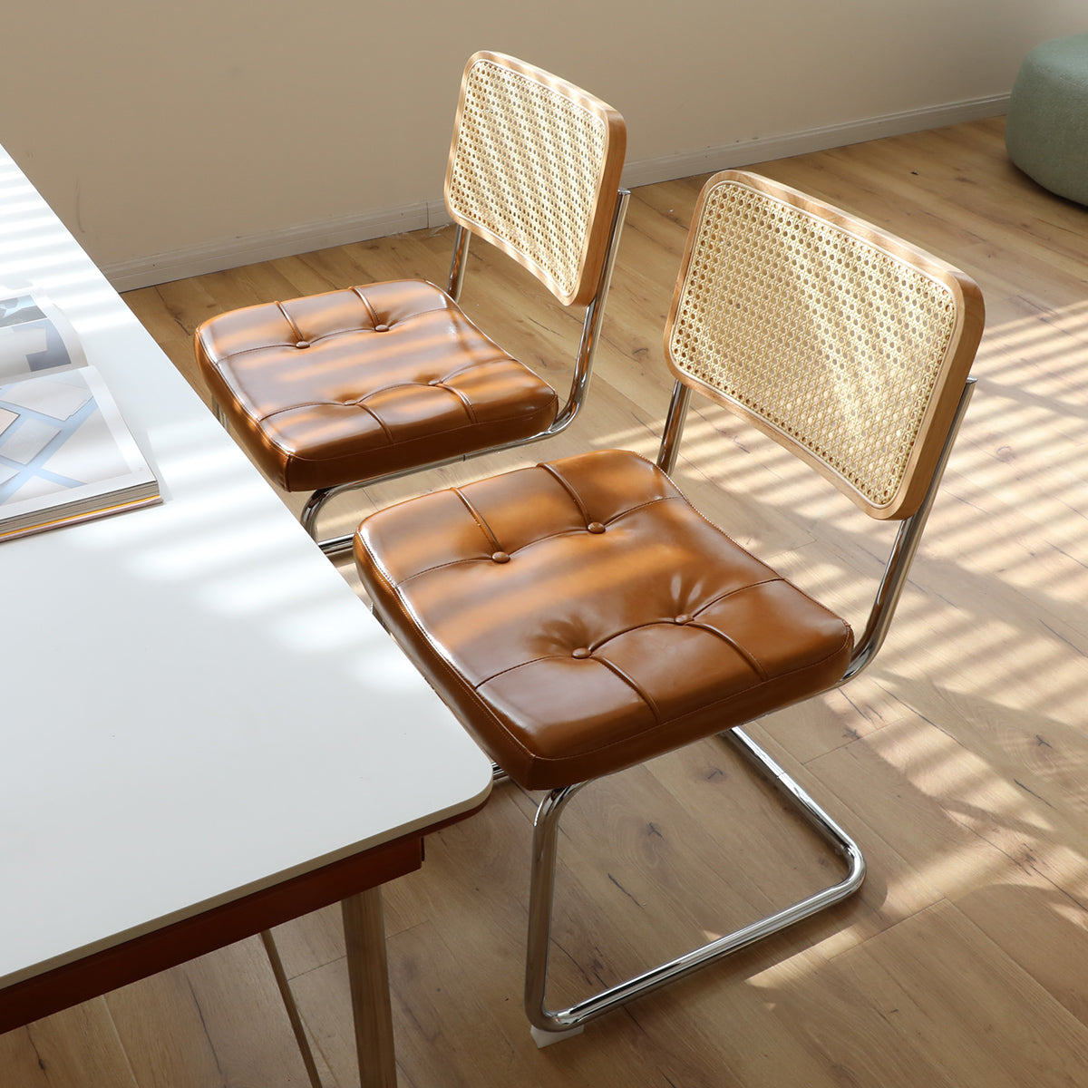 Dining Chairs Set Of 2, Fauex Leather Rattan Side Accent Chairs With Chrome Legs, Modern Mid Century Breuer Designed Chairs, Upholstered Dining Living Room Kitchen Chairs Brown 2Pcs Brown Faux