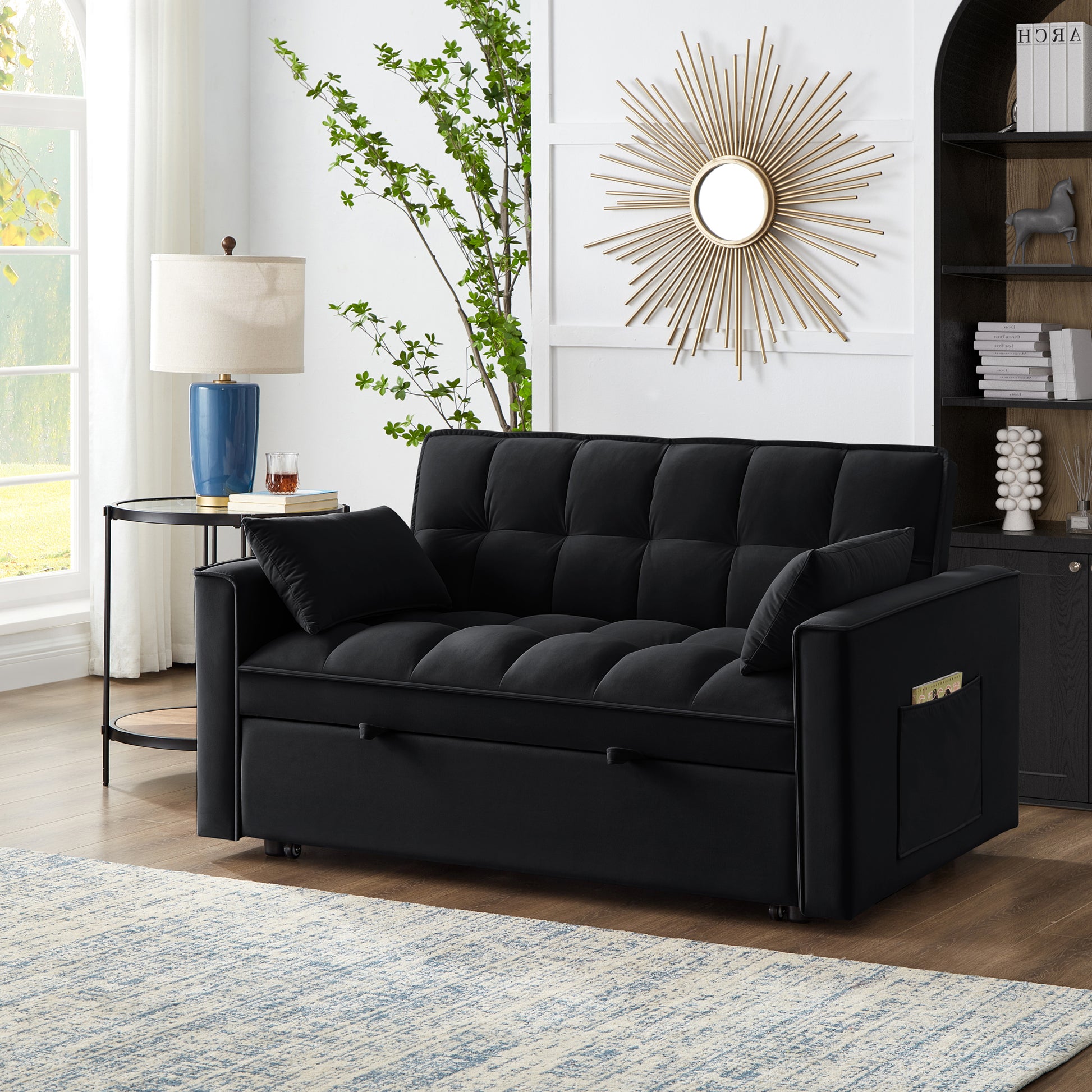 4 In1 Loveseat Sofa Bed With Armrests & Storage Pockets, Multi Function Tufted Pull Out Sofa Bed With Adjustable Backrest And Pillows, Convertible Loveseat Sofa Couch,Black Black Velvet Primary Living Space Medium Soft Tufted Back American