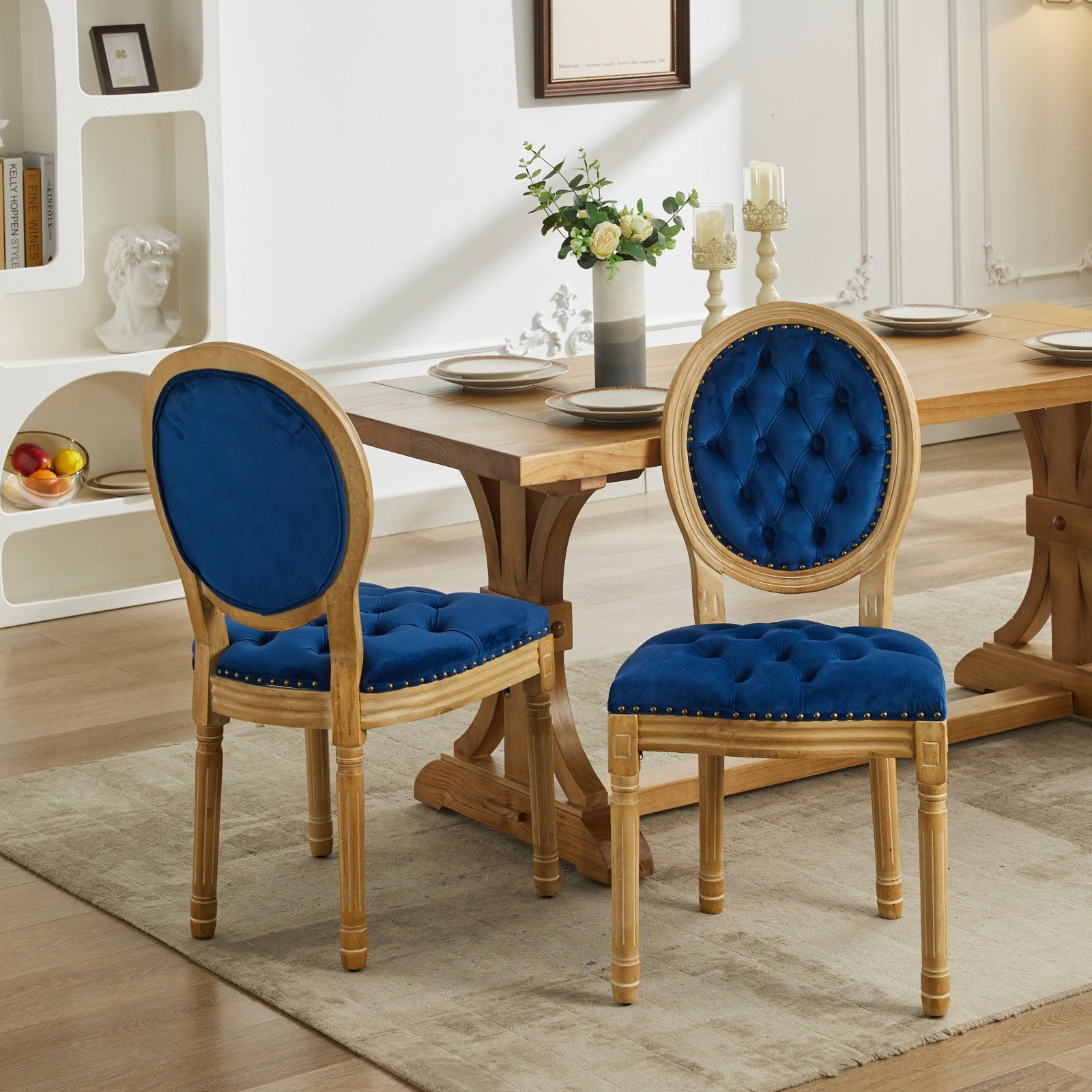 French Style Solid Wood Frame Antique Painting,Hand Pulled Buckle Decoration Velvet Artificial Leather Dining Chair With Trim ,Wood Legs,Steel Spring Inner,Set Of 2,Blue,Sw1739Bl Blue Dining Room American Design Dining Chairs Rubberwood Set Of 2 Foam