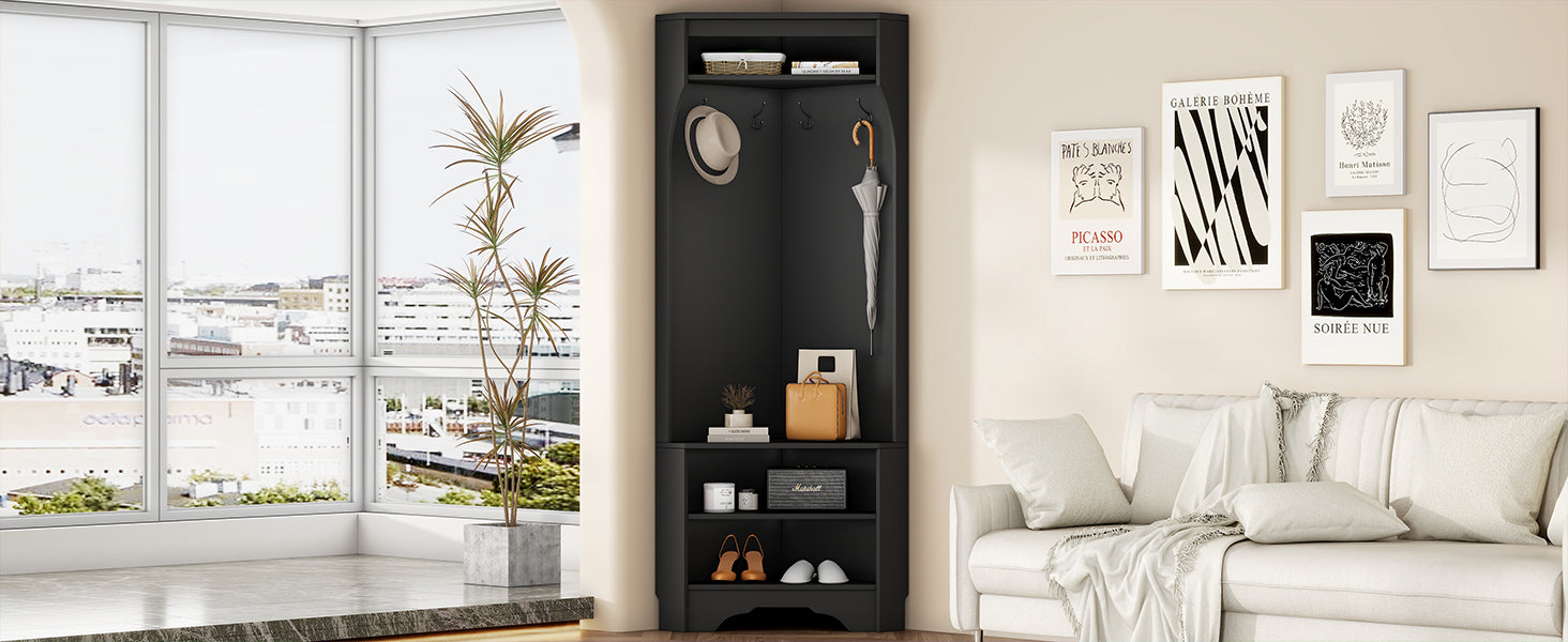 Minimalist Corner Hall Tree With Shoe Bench, Versatile Entryway Coat Rack With 4 Hooks, Corner Cabinet With Adjustable Shelf For Hallway, Living Room, Black, 29.5''W*71.6''H Black Particle Board