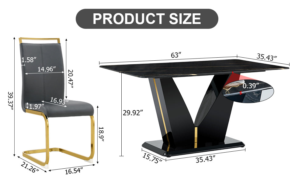 Table And Chair Set,Modern Minimalist Rectangular Dining Table, 0.4 Inch Thick, With A Black Imitation Marble Pattern Glass Desktop And Black Mdf Legs. Comfortable Pu Seats,Perfect For Dinner, Meet Grey Black Seats 6 Mdf Glass