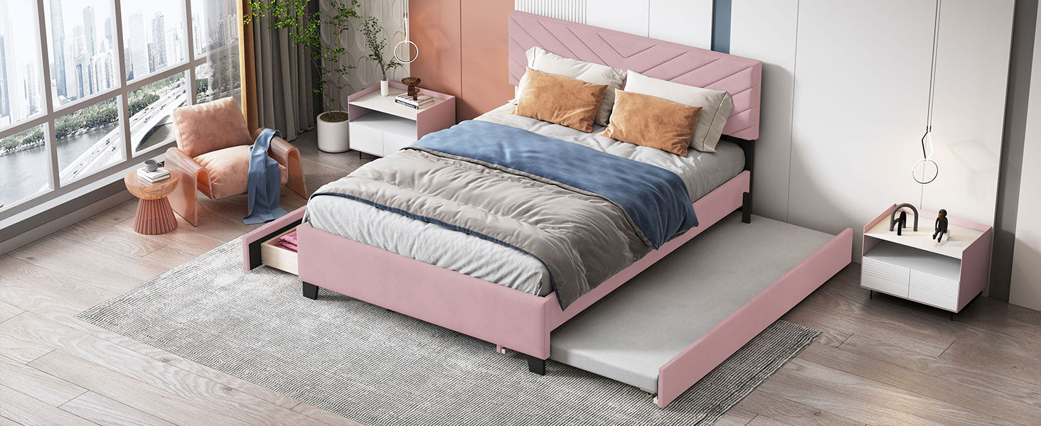 Queen Size Upholstered Platform Bed With Twill Headboard, Pullout Bed And Two Drawers, Flannel,Pink Queen Pink Mdf Lvl