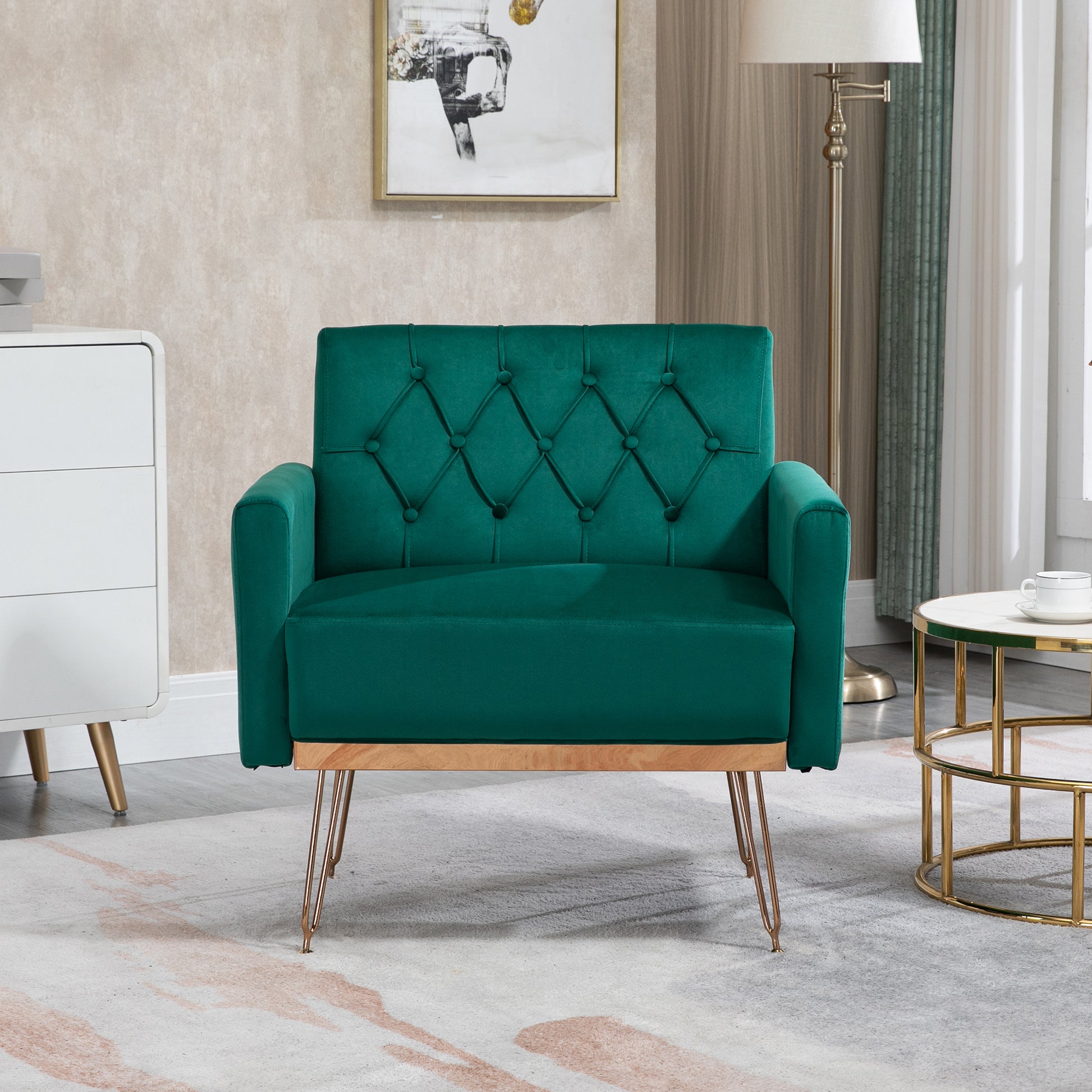Coolmore Velvet Armchair Single Sofa Modern Tufted Upholstered Side Reading Chairs With Arm And Gold Metal Leg For Living Room Bedroom Green Green Foam Velvet