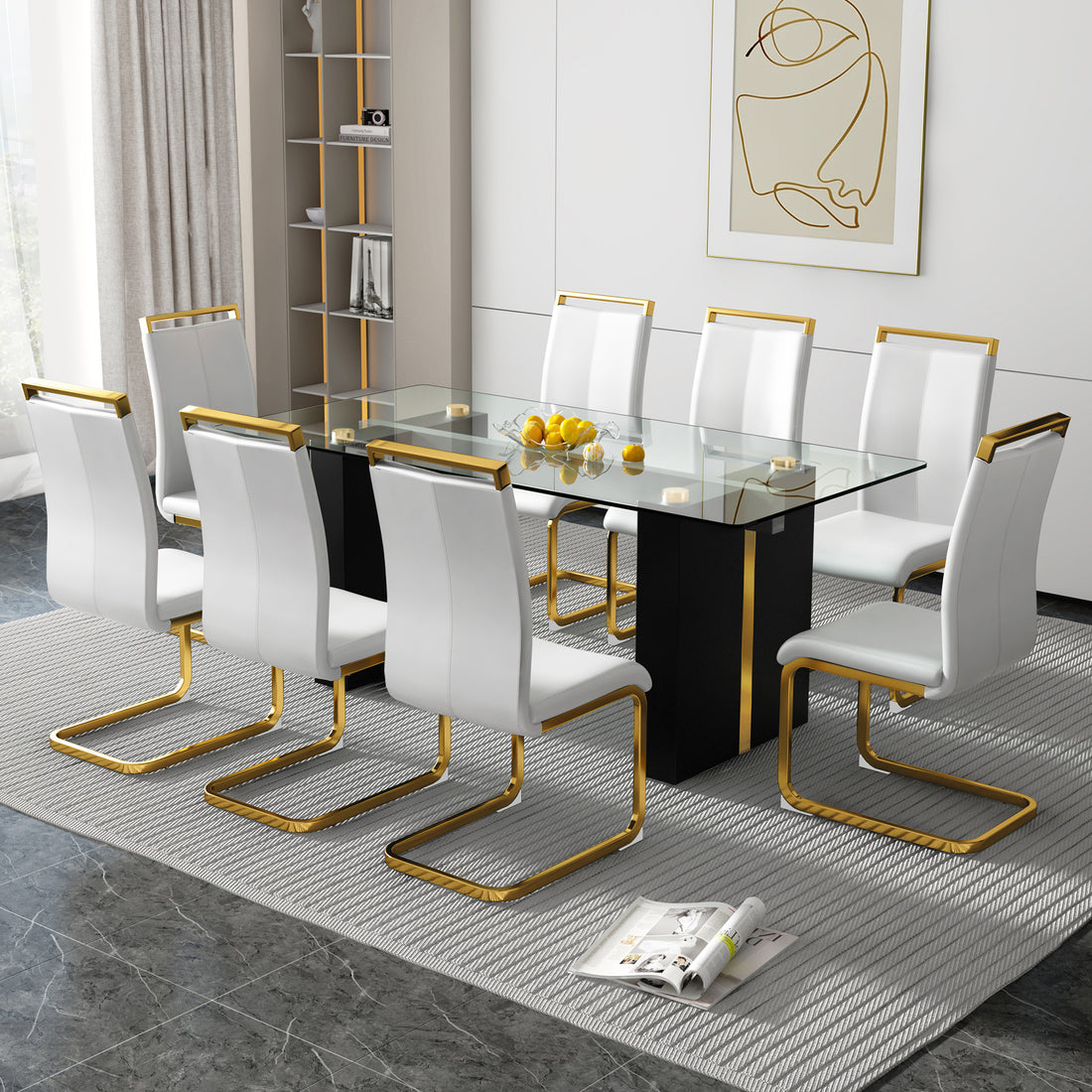 Table And Chair Set, Large Modern Minimalist Rectangular Glass Table, Can Accommodate 6 8 People, Equipped With Tempered Glass Tabletop And Large Mdf Table Legs, Comfortable And Minimalist Chairs. Transparent Mdf Glass