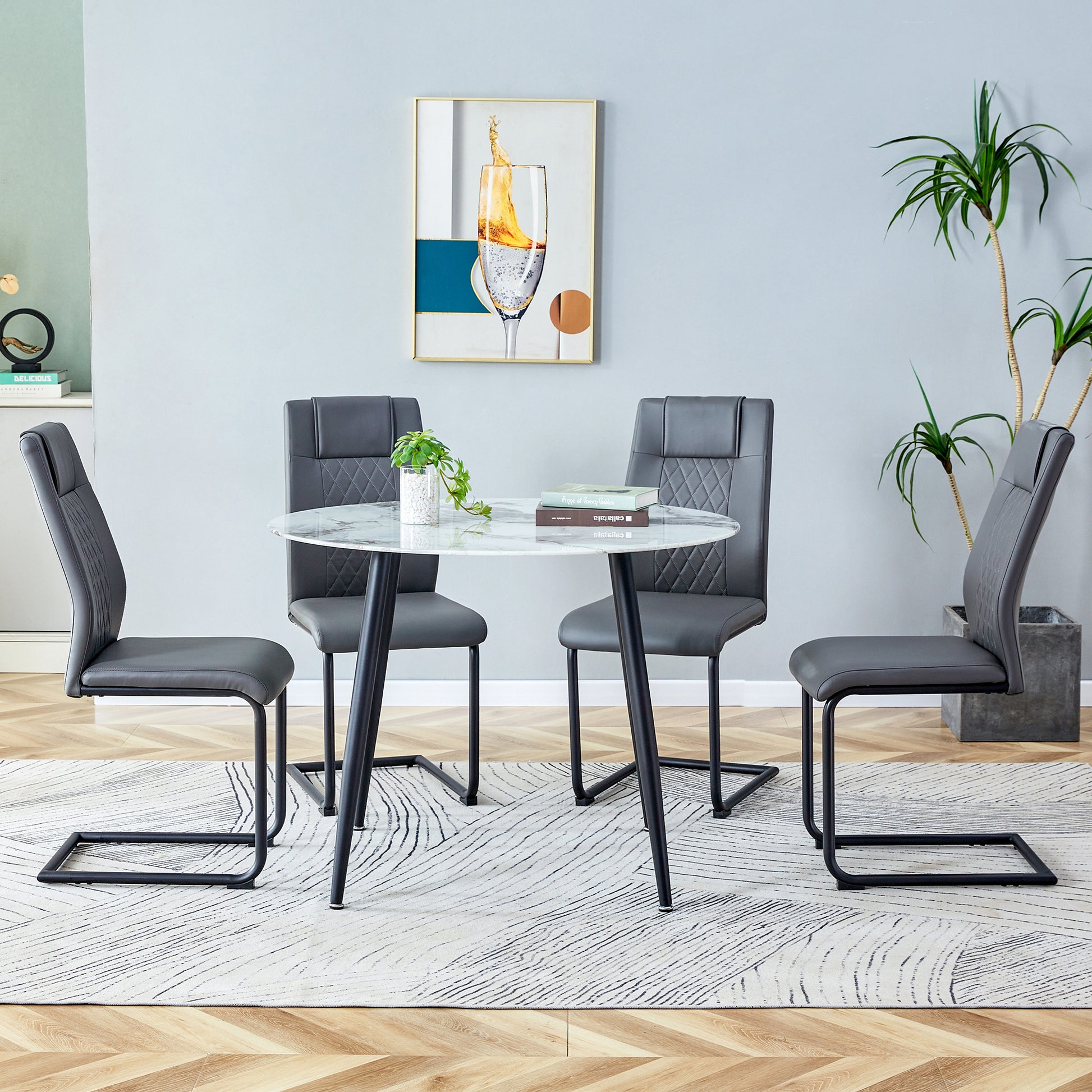 Table And Chair Set. Large Modern White Imitation Marble Patterned Round Table With Black Metal Legs. Nice Minimalism, Comfortable Seats And Black Metal Legs. White Gray Seats 4 Glass Metal