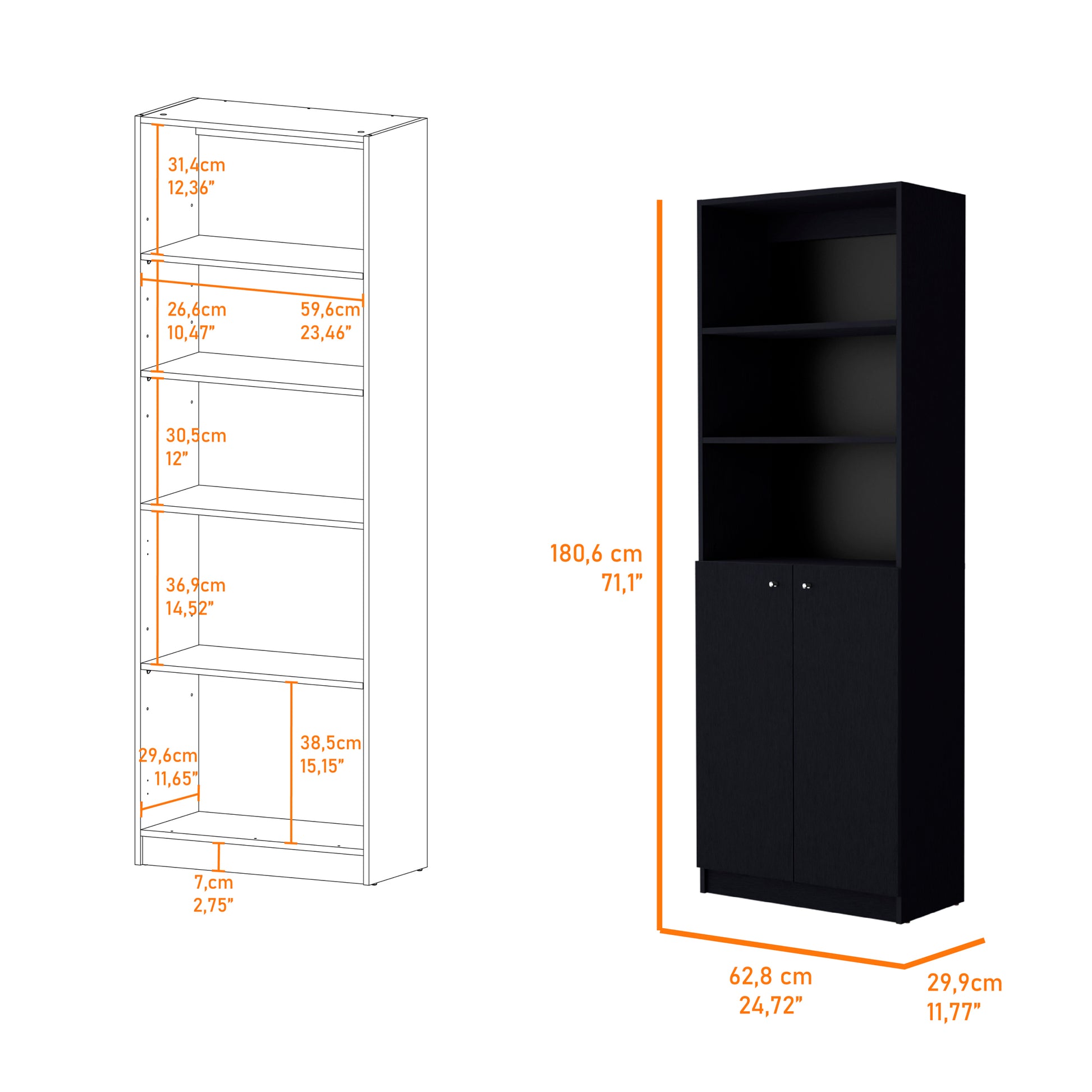 Sutton 2 Door Bookcase, Storage With Multi Level Shelves And Double Door Design Black Particle Board Engineered Wood