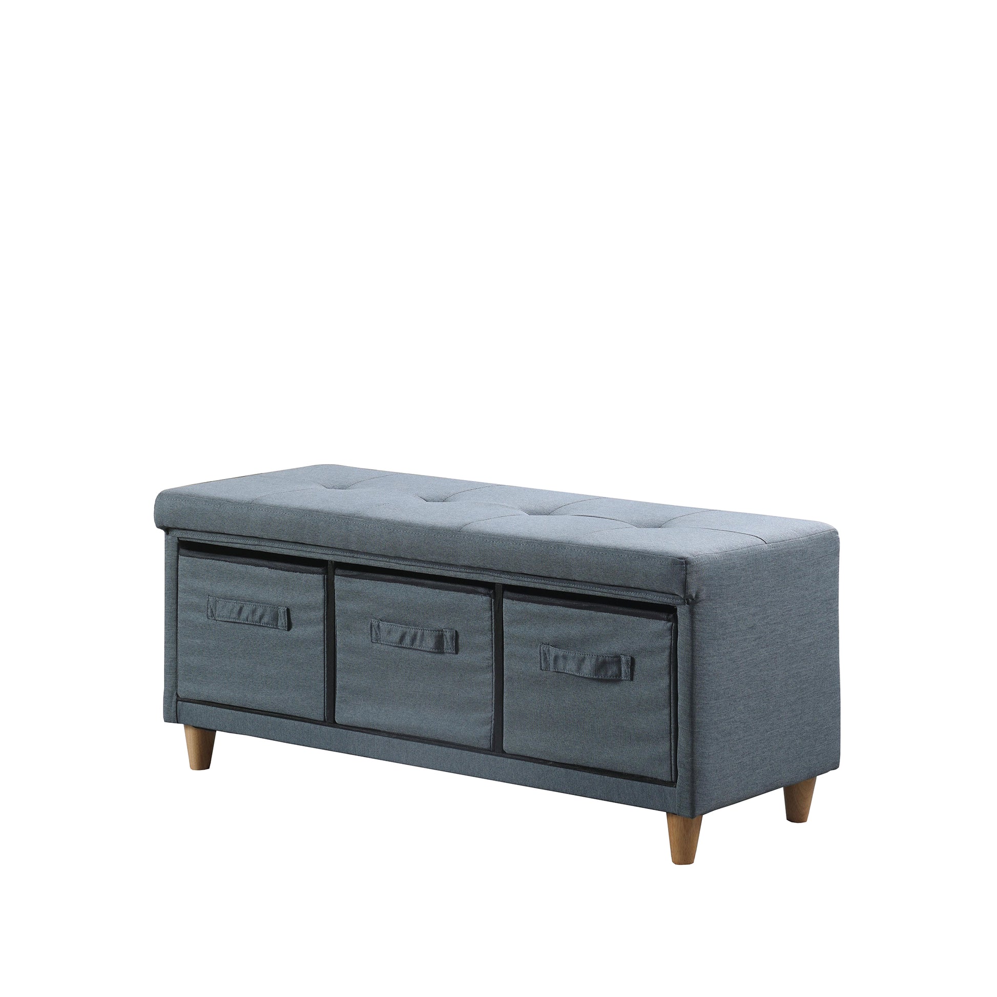 17.5" Magnolia Blue Gray Tufted Bench W Storage Basket Drawers Blue Gray Polyester