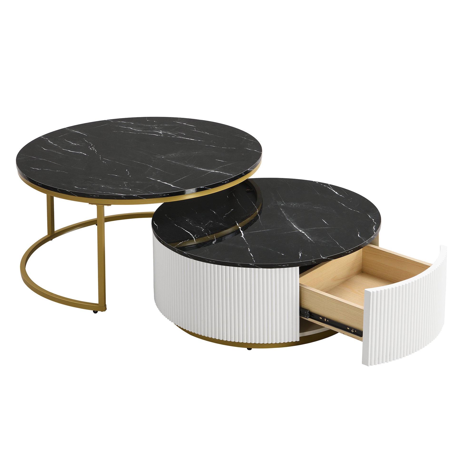 Modern Round Nesting Coffee Table Fluted With Drawer In Black & Gold In 31.5'' Golden Black Drawers Coffee & End Tables Glossy Round Metal Mdf Pedestal