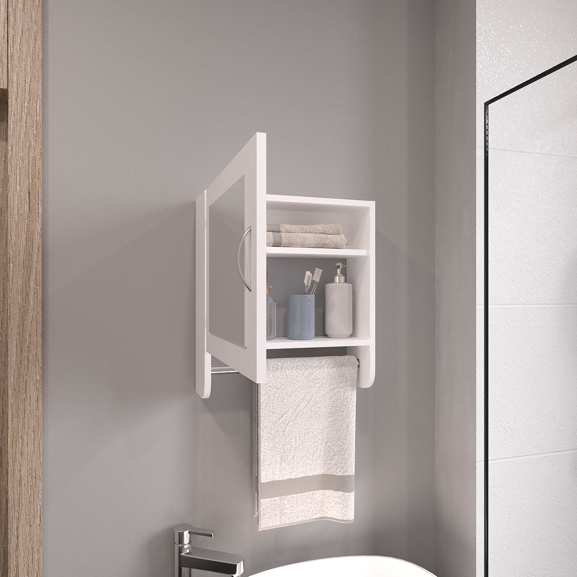 Botiq 19.7" H X 17.7" W Mirror Medicine Cabinet With Towel Rack White, One Door With Two Interior Shelves For Bathroom, Kitchen White White Particle Board