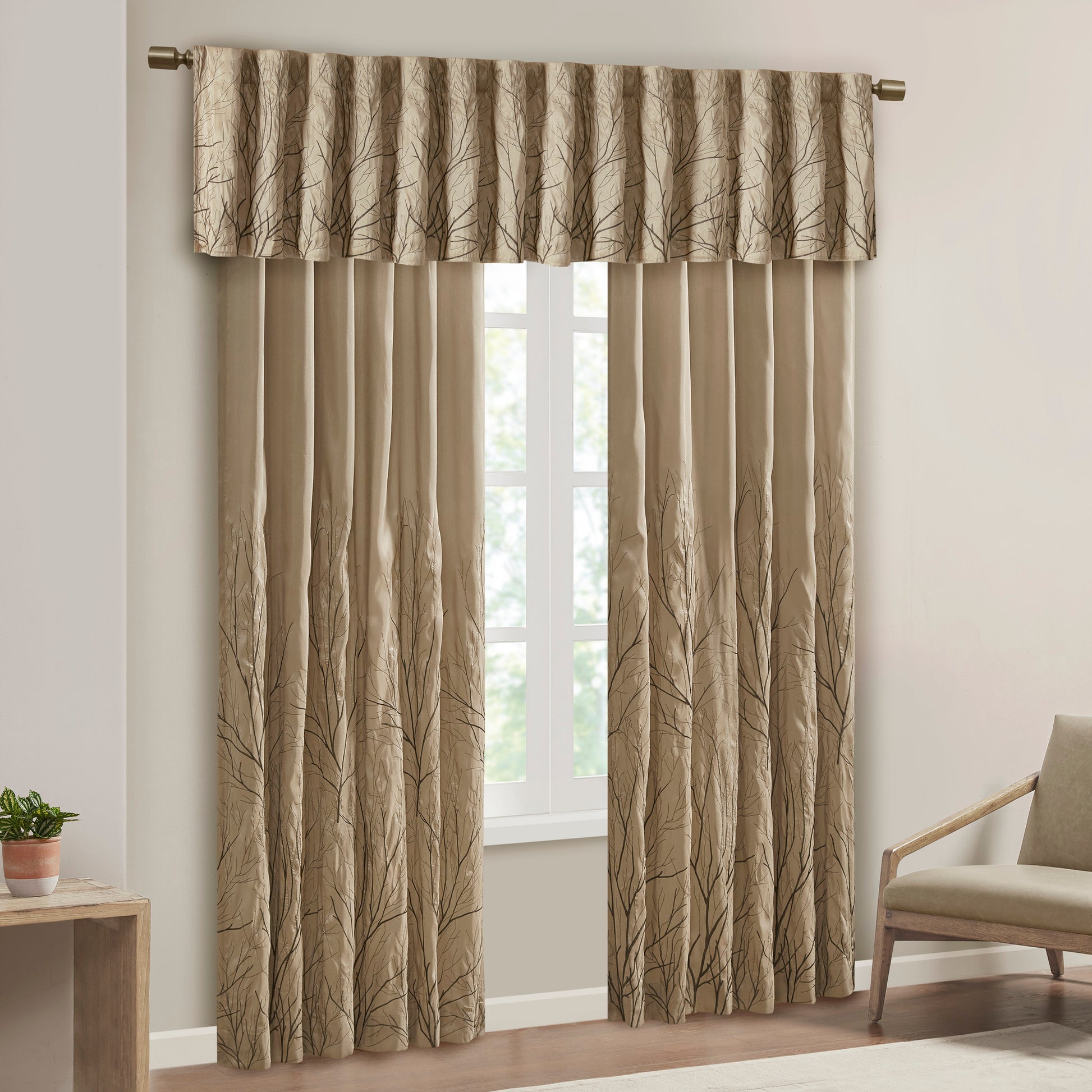 Faux Silk Embroidered Window Valance Tan 50X18" Tan Polyester