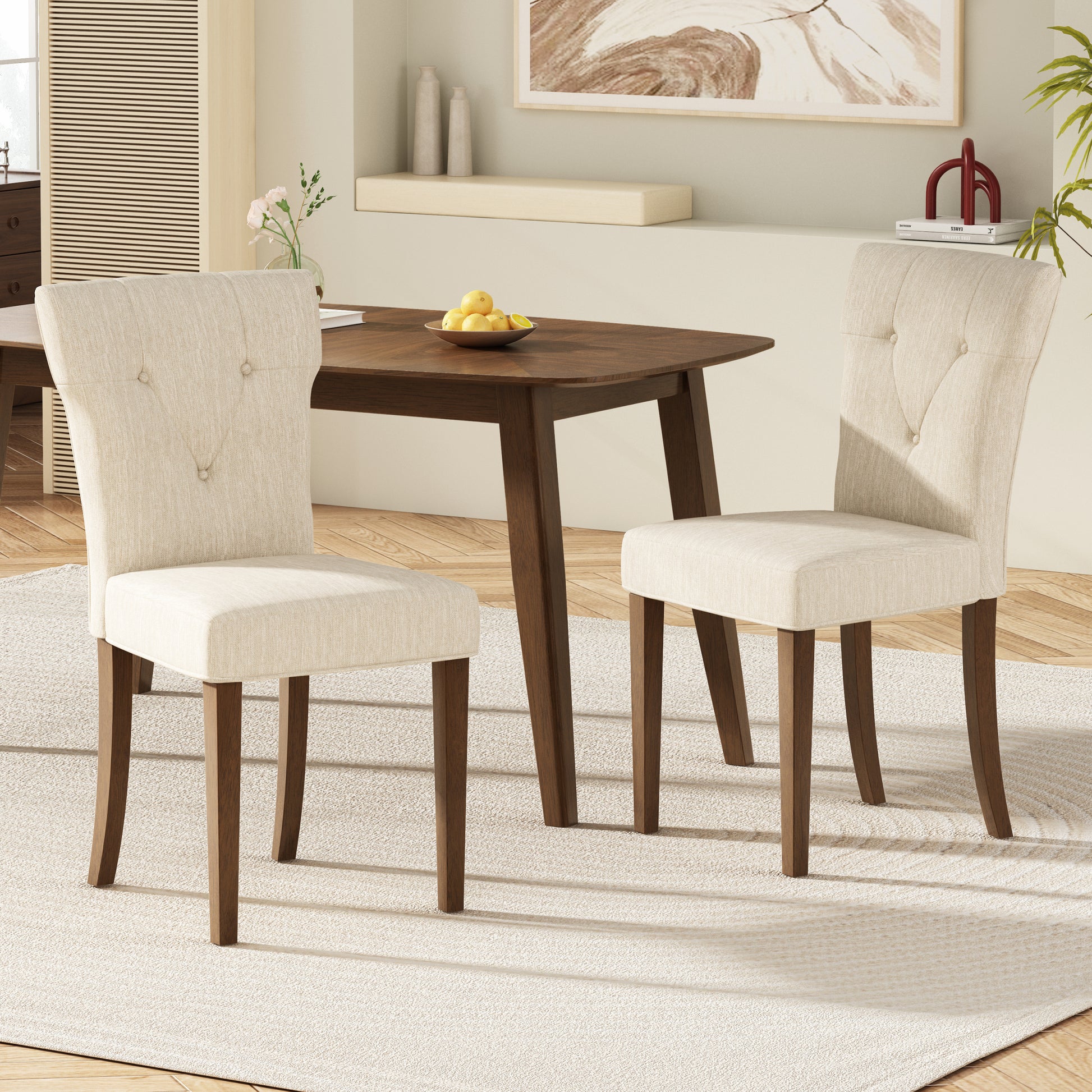 Indoor Wood Dining Set,Dining Chairs Set Of 6 Cream Dining Table Walnut Cream,Walnut Rubber Wood