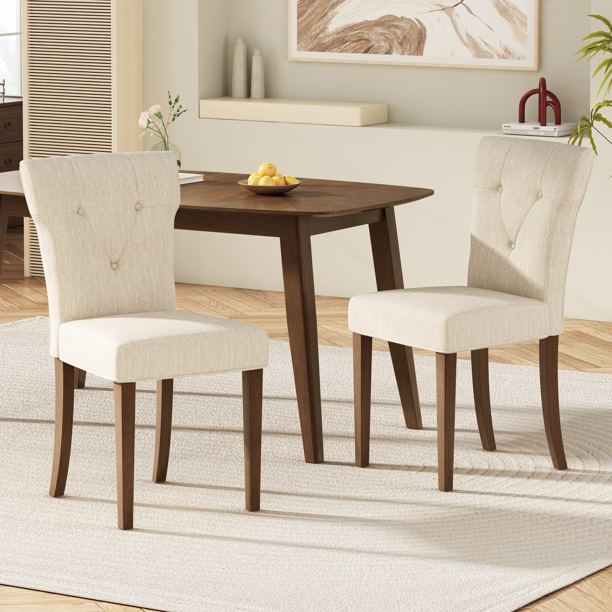 Dining Chairs Set Of 2, Upholstered Kitchen & Dining Room Chairs Cream Cream Set Of 2 Rubber Wood