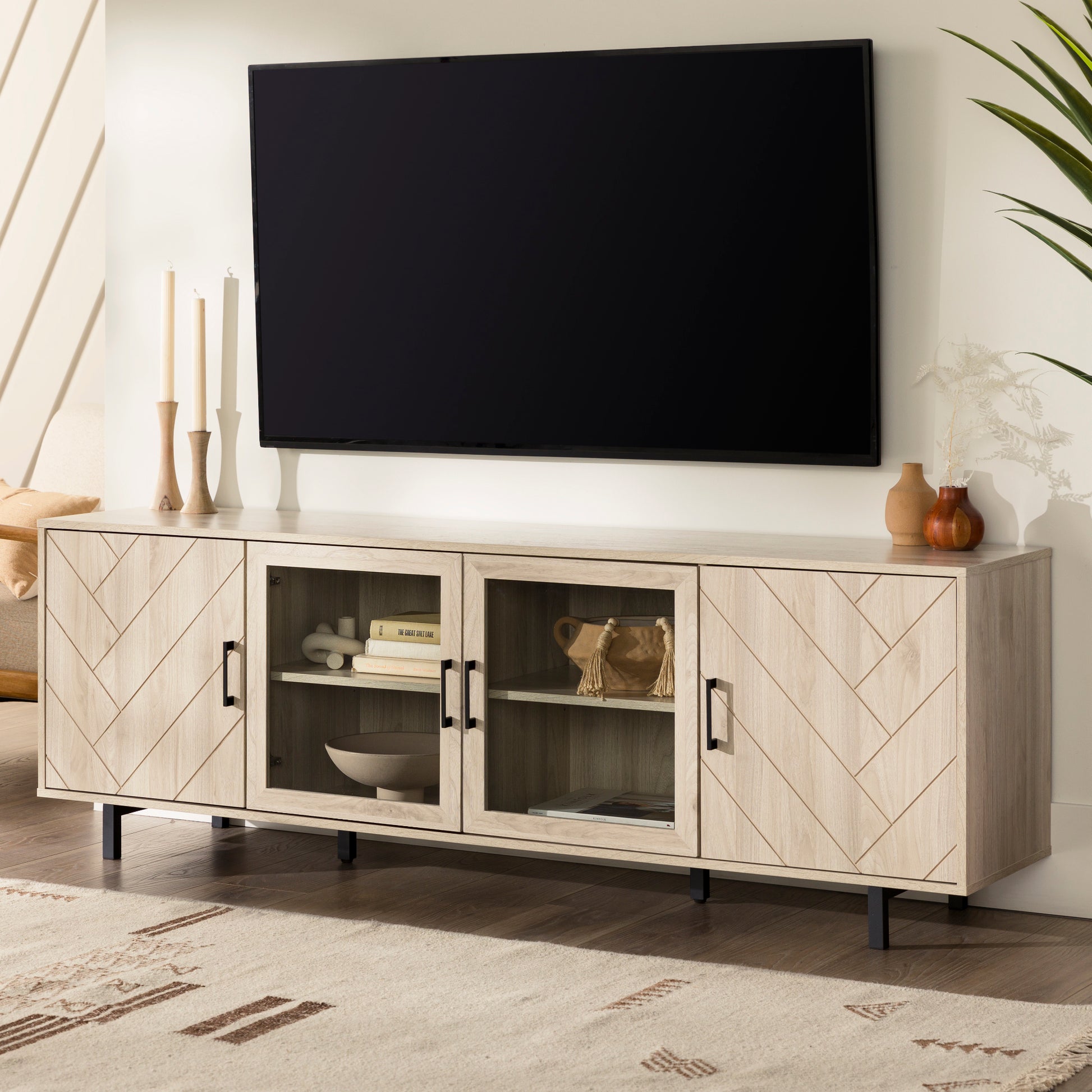 Modern Scandinavian 4 Door Herringbone 70" Tv Stand For Tvs Up To 80" Birch Light Brown Mdf