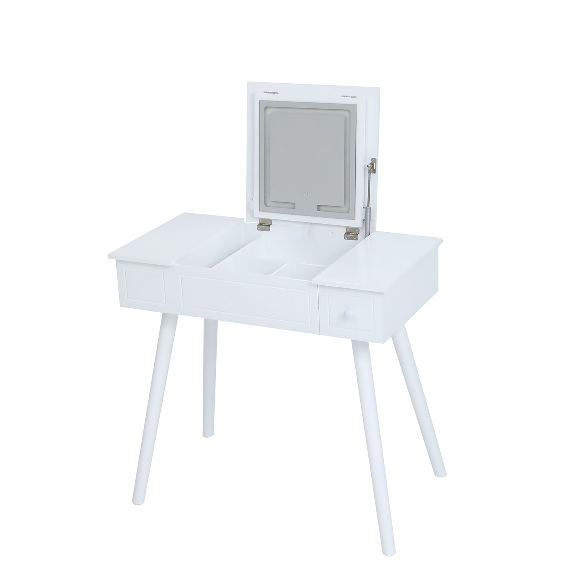 Vanity Desk Set With Led Lighted Mirror & Power Outlet, Flip Top Vanity Table With Drawers & Cabinet, For Bedroom, Bathroom Milk White Wood