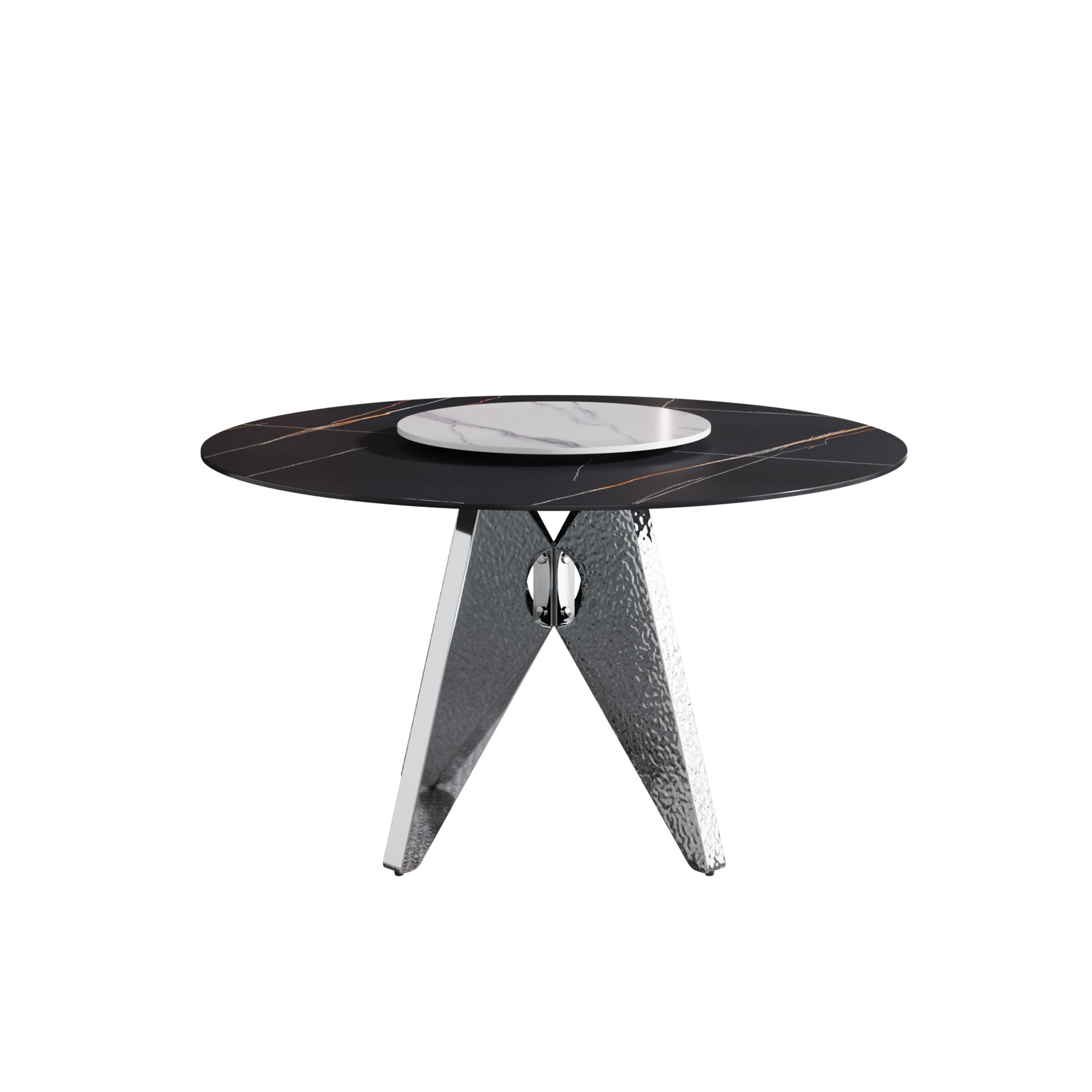 53" Round Marble Dining Table With Silver Stainless Steel Design Base, Artificial Marble For 6 People, 23.62"White Artificial Stone Turntable,Black&White Dining Table Only Black,Silver,White Dining