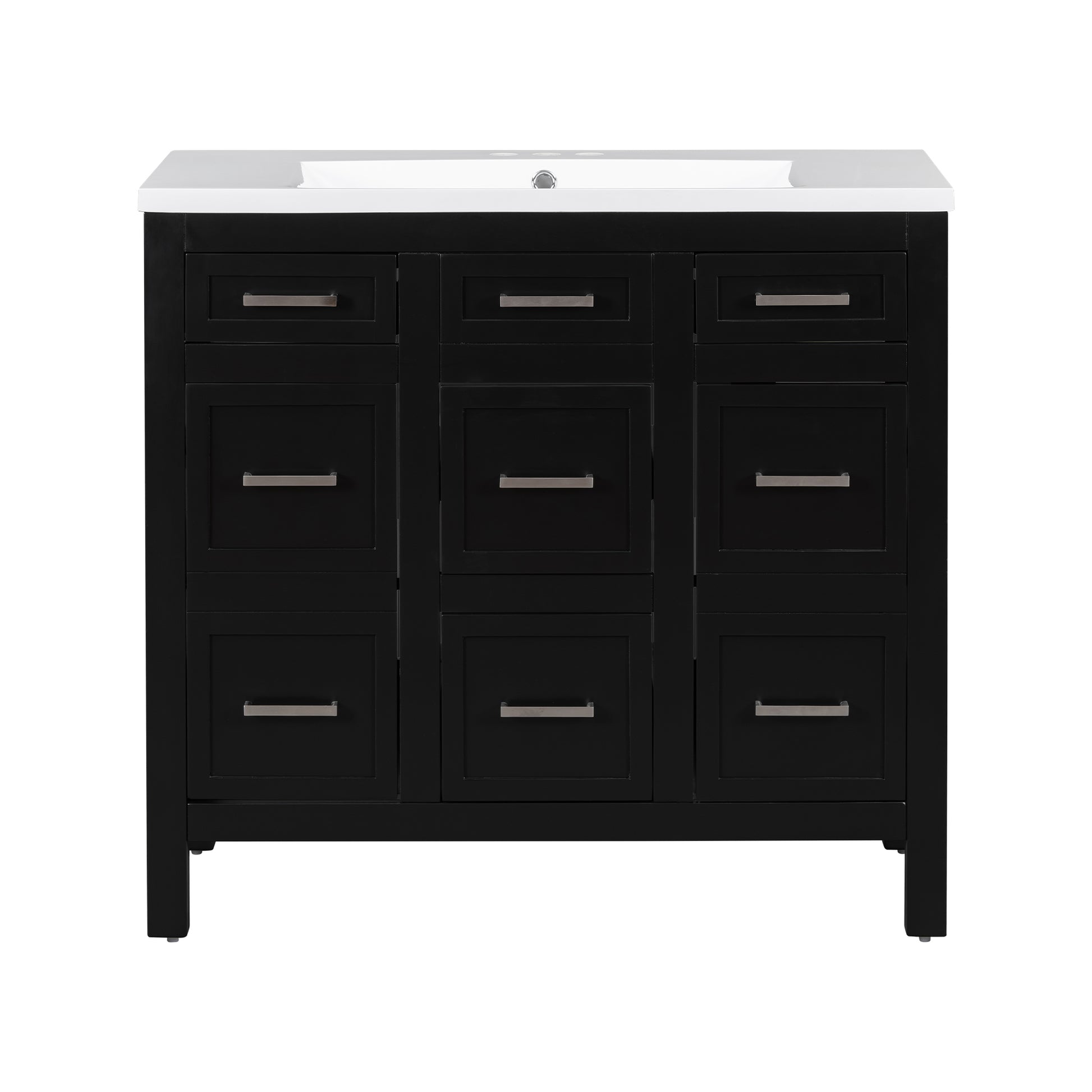 36" Bathroom Vanity Cabinet With Resin Integrated Sink 4 Drawers, 2 Doors Black Bathroom Solid Wood Mdf Resin