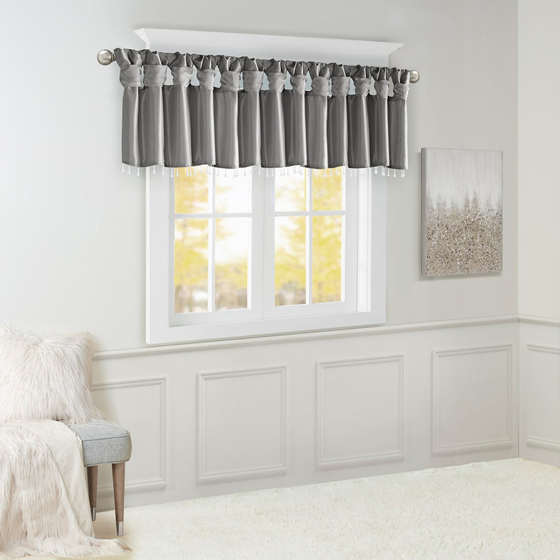 Lightweight Faux Silk Valance With Beads Charcoal 50X26" Charcoal Polyester