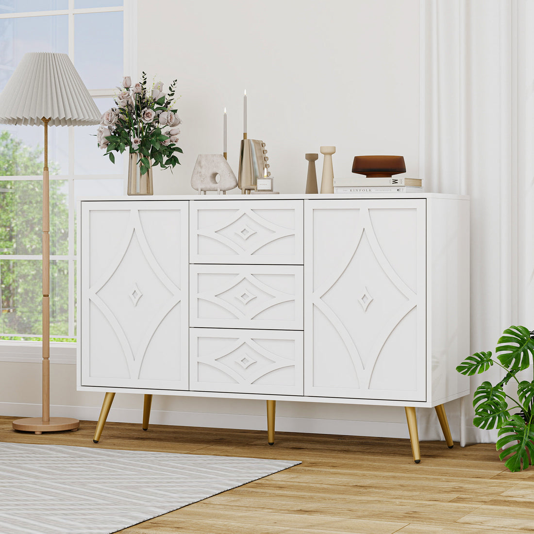 2 Door 3 Drawer Storage Cabinet Buffet Cabinet ,Sideboard With Adjustable Shelf,47.24" Kitchen Cabinet With 3 Drawer ,Storage Cabinet For Living Room Kitchen Dining Room Entrance White Particle Board Mdf