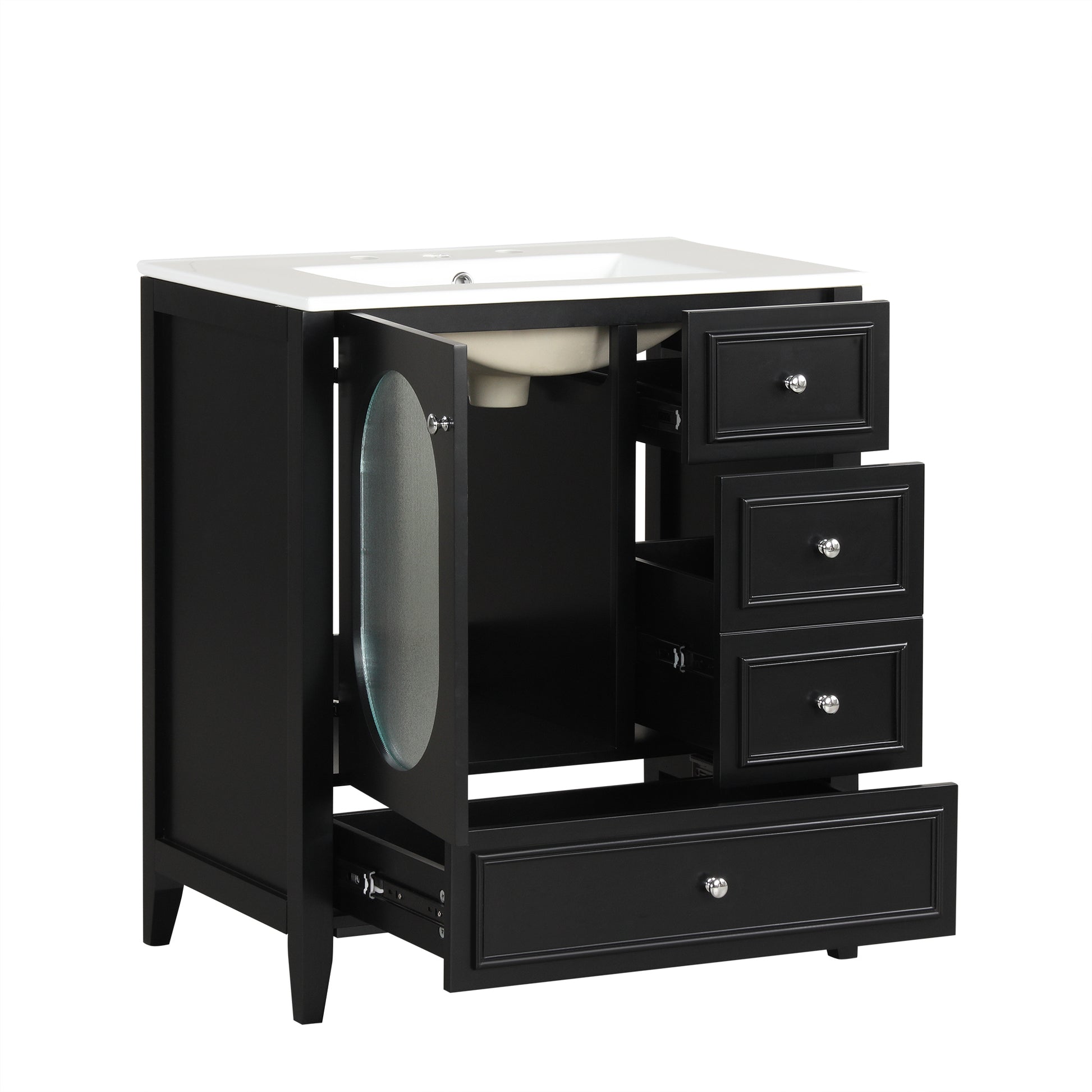 30" Bathroom Vanity With Sink, Bathroom Vanity Cabinet With Three Drawers And Door, Solid Wood And Mdf, Black Black Solid Wood Mdf