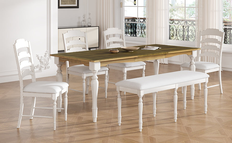 Vintage Traditional 6 Piece 82.7Inch Extendable Dining Table Set With 23.6Inch Removable Leaf, 50.4Inch Upholstered Dining Bench And 4 Chairs For 6, Brown Cream Wood Dining Room Distressed Finish Rubberwood Rectangular Dining Table With Bench Wood Wood