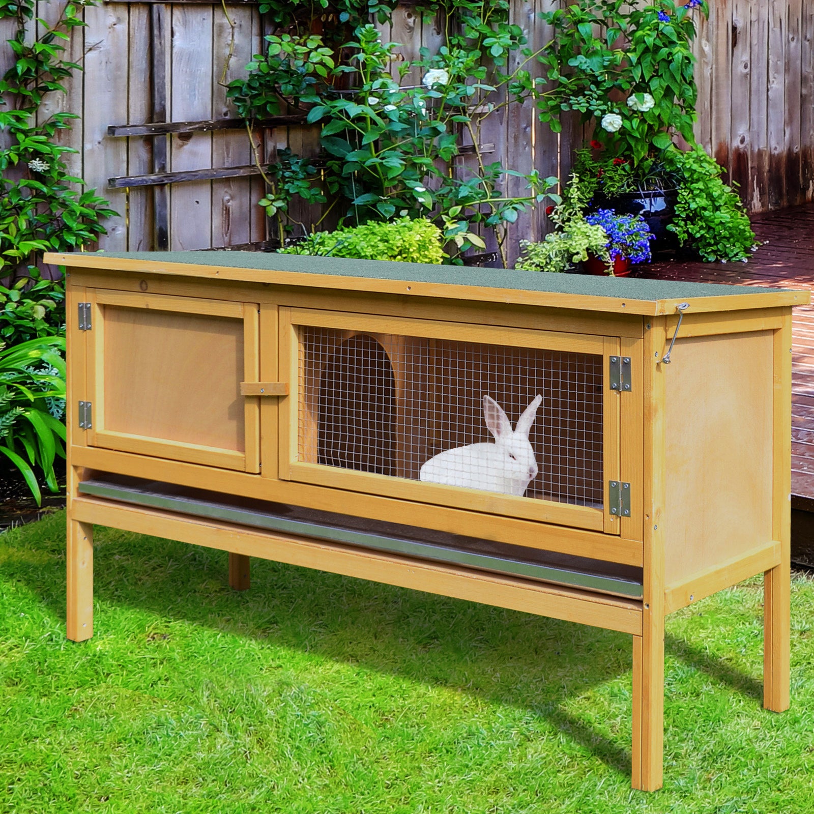 Pawhut Wooden Rabbit Hutch Bunny Cage With Openable Waterproof Roof, No Leak Tray Sturdy Fir Wood Build For Indoor Outdoor Yellow Wood