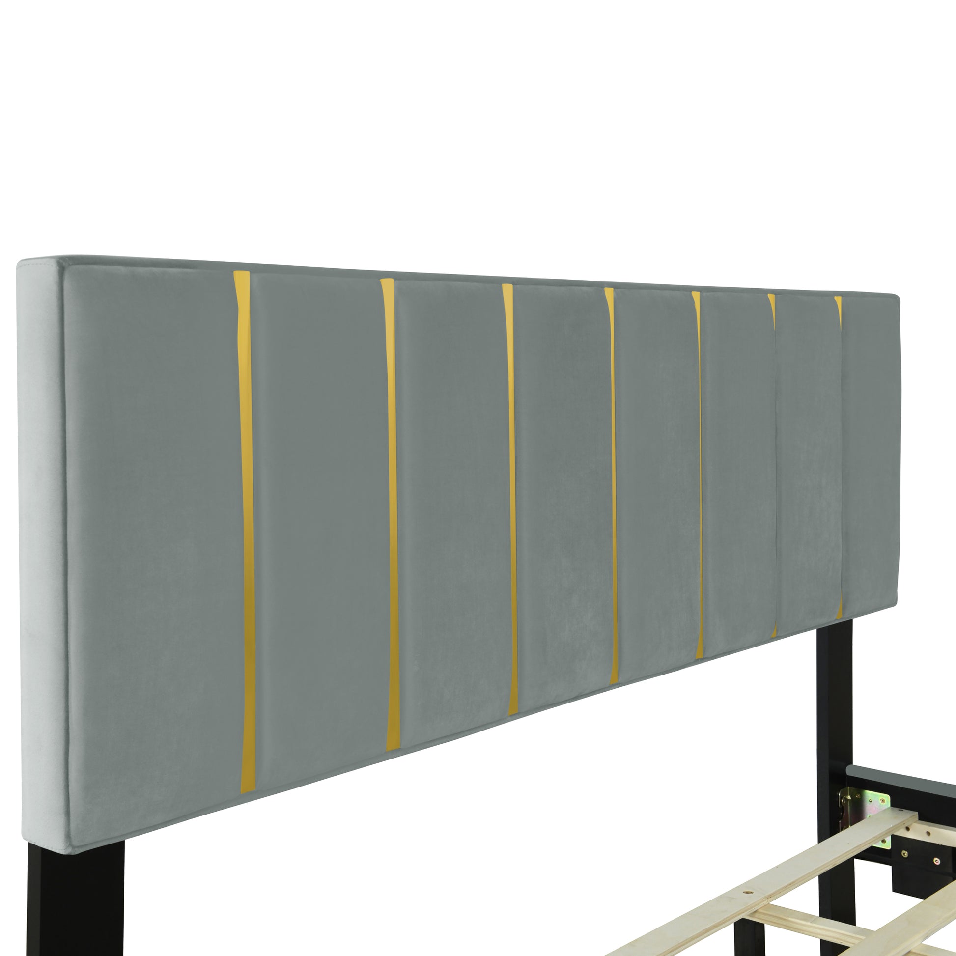 Queen Size Upholstered Platform Bed With 2 Drawers And 1 Trundle, Classic Metal Strip Headboard Design, Grey Queen Gray Mdf Lvl