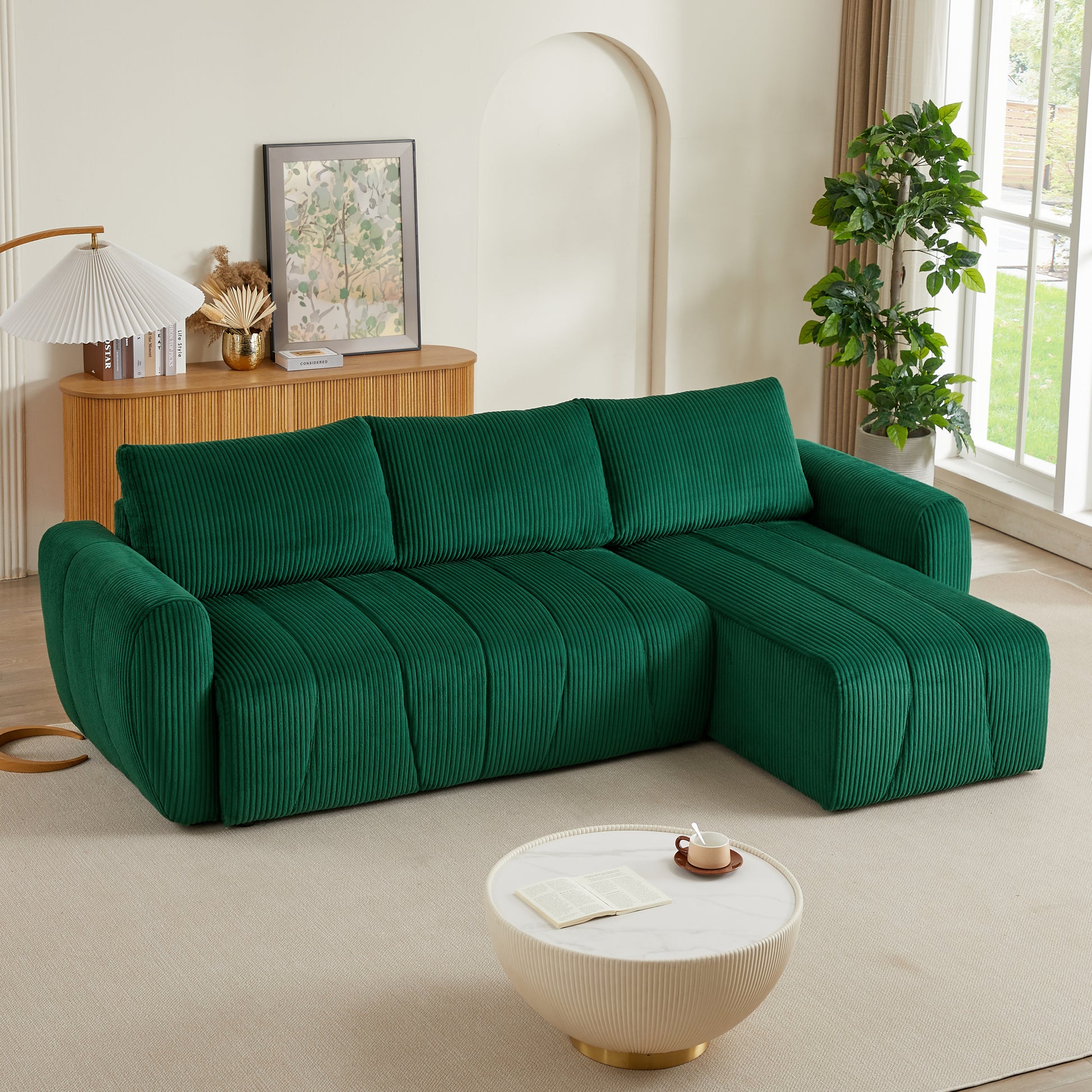 Convertible Sectional Sofa Couch, Modern Fabric 3 Seater L Shaped Couch For Living Room, Apartment, Office, Small Space Dark Green Corduroy 5 Seat