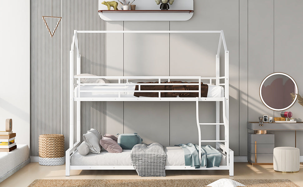 Metal House Bunk Bed, Twin Over Full, White Full White Metal