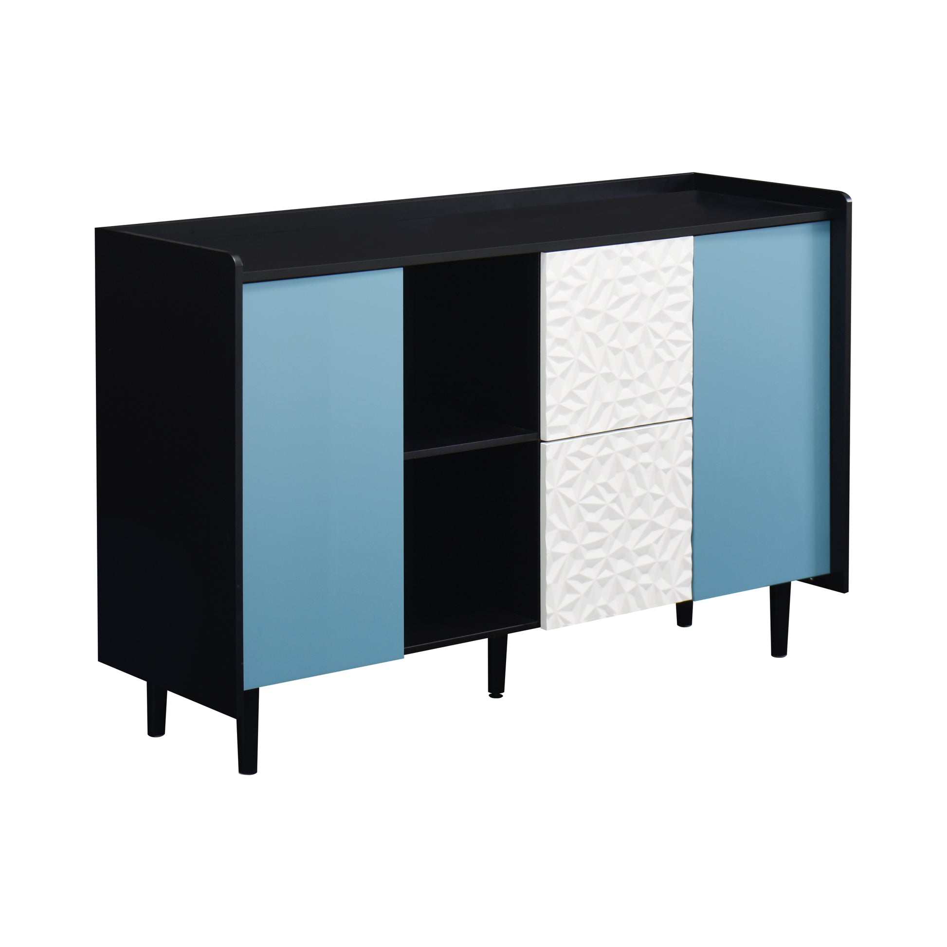 Sideboard Buffet Cabinet, Black Storage Cabinet With Blue Doors2 Drawers With Unique Panel Styling And 2 Open Storage Compartment, Modern Coffee Bar Cabinet Accent Cabinet For Kitchen, Dining Room Black Blue Mdf