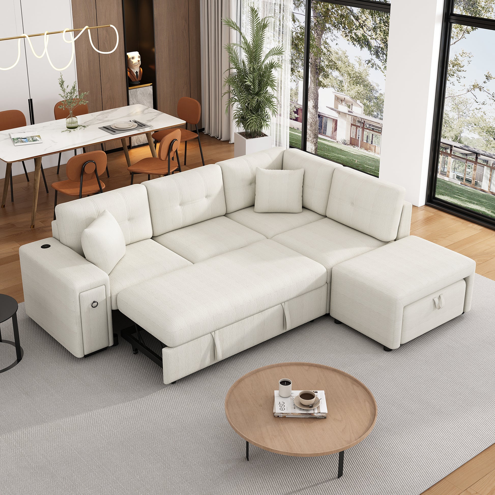 86.6" Sectional Sofa L Shaped Sofa Couch Pull Out Sofa Bed With A Movable Ottoman, Two Usb Ports And Two Cup Holders For Living Room, Beige Beige Foam Chenille 4 Seat