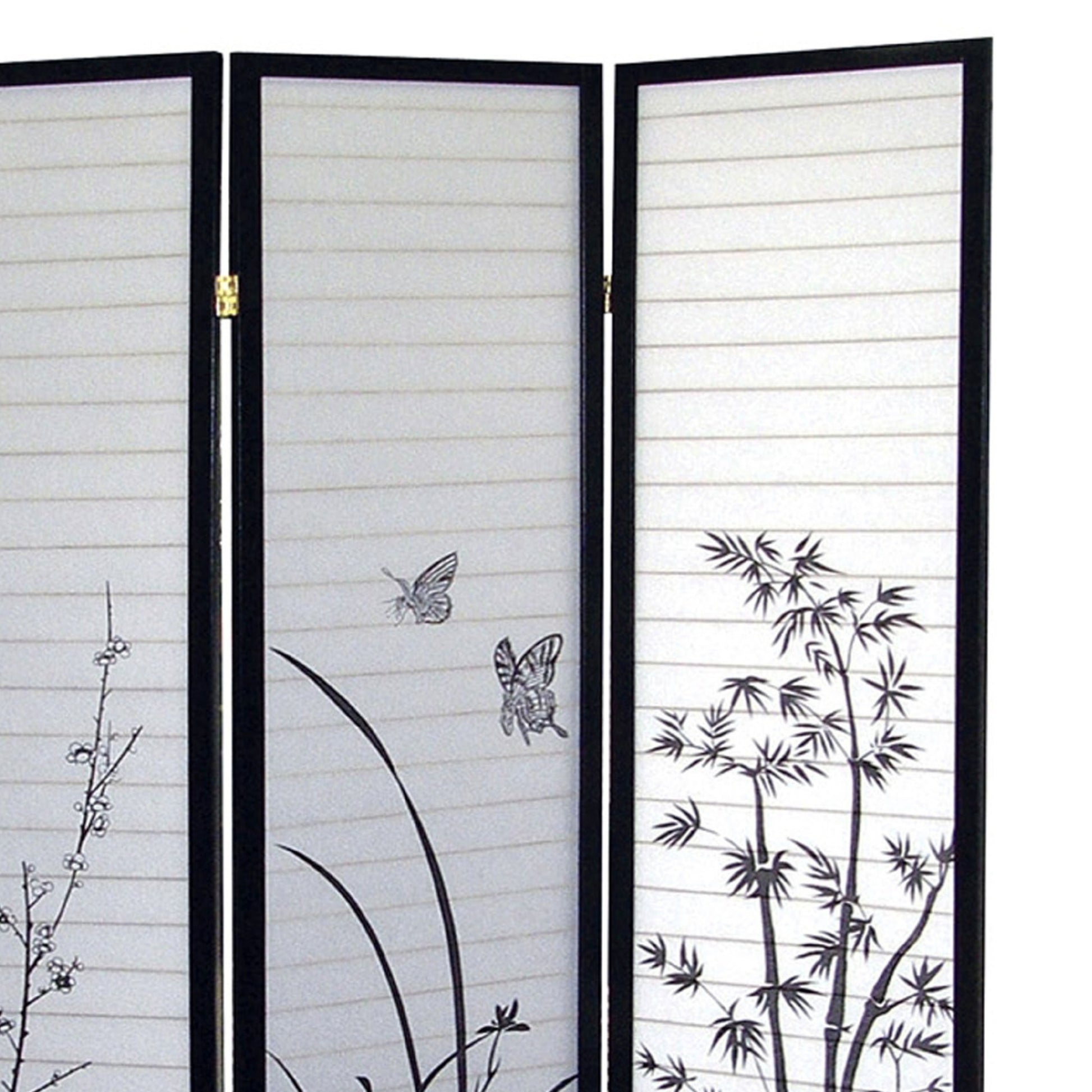 70" Tall 3 Panel Screen Room Divider, Floral Design With Black Finish Black Wood