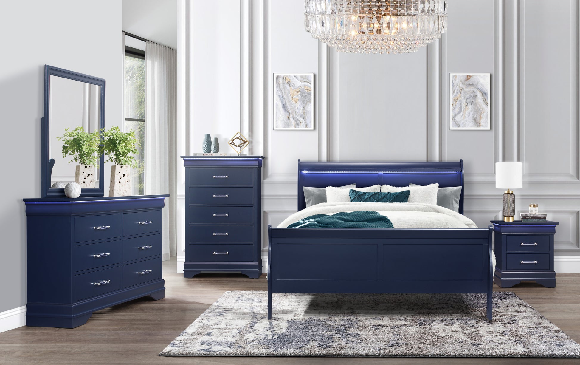 Charlston Blue Nightstand With Led Blue Solid Wood Mdf