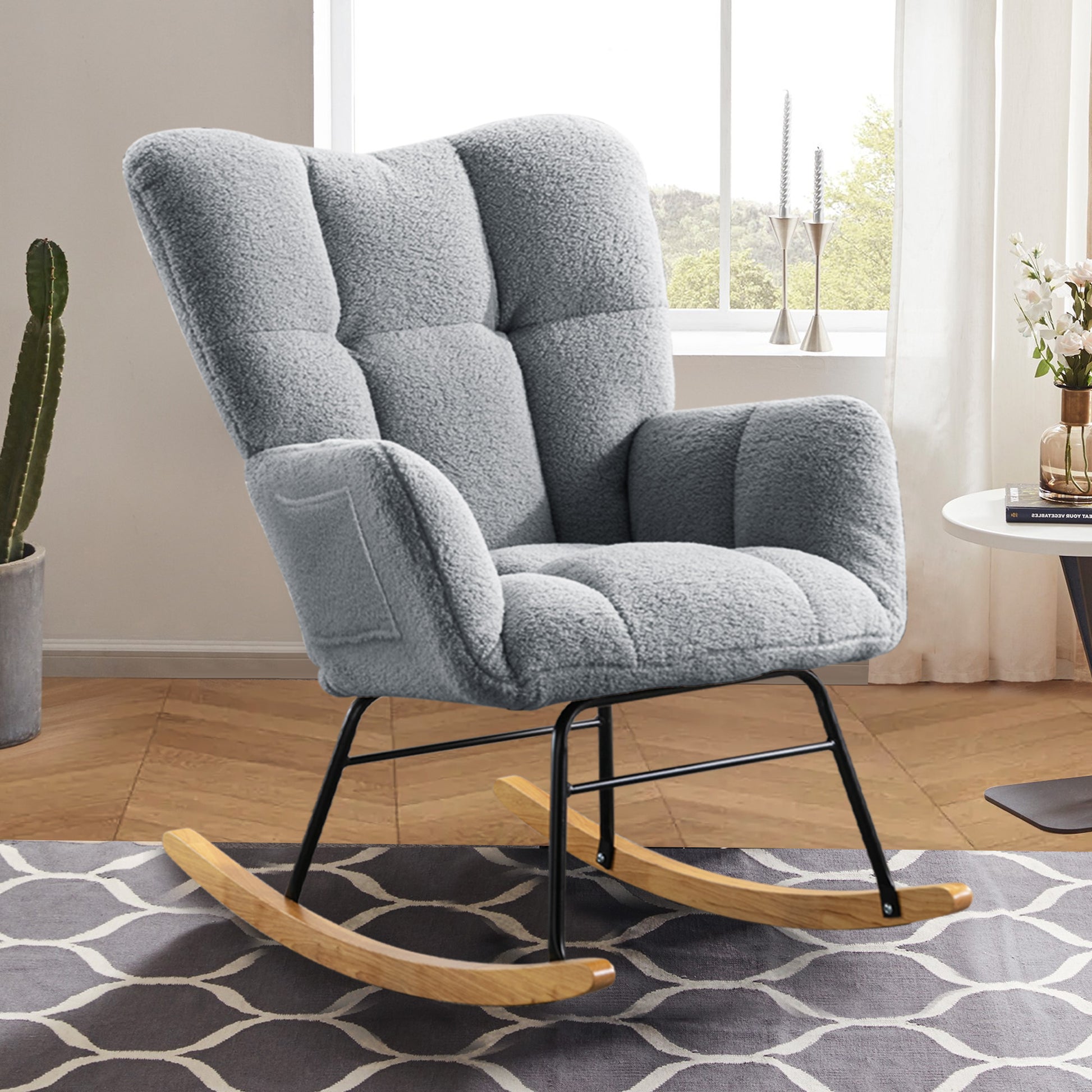 Teddy Fabric Rocking Chair, Modern Rocking Accent Chair For Nursery, Living Room, Bedroom, Gray Gray Bedroom Foam Modern Rocking Chairs Foam Wood Metal