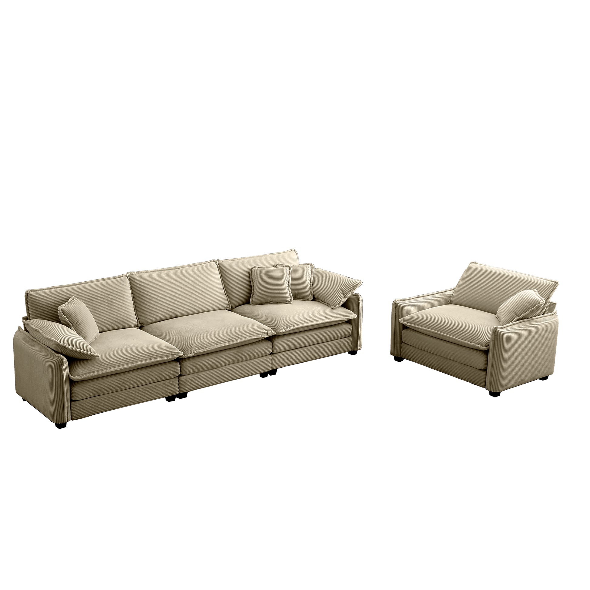 Mid Century Modern Sofa Set Of Two, One 3 Seater Sofa And One Single Seat Sofa With 2 Arm Pillows And 4 Throw Pillows,2 Pieces Sofa Set For Living Room,Tan Corduroy Fabric Tan Corduroy 4 Seat