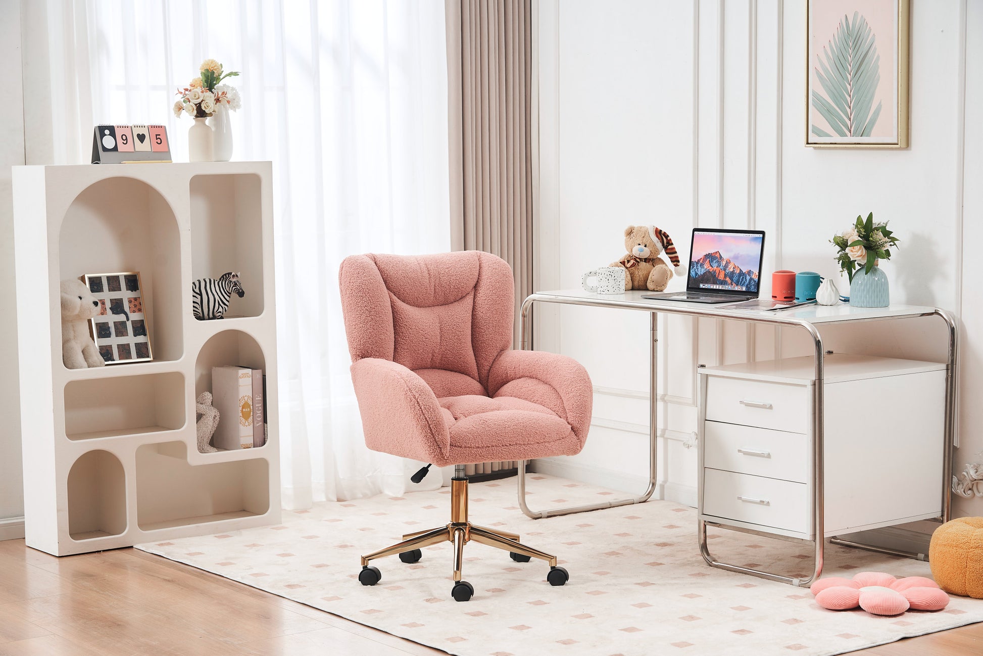 005 Teddy Fabric 360 Swivel Home Office Chair With Gold Metal Base And Universal Wheels,Pink Solid Pink Office Sponge Wipe Clean Modern Office Chairs Tufted Back Foam Swivel Teddy