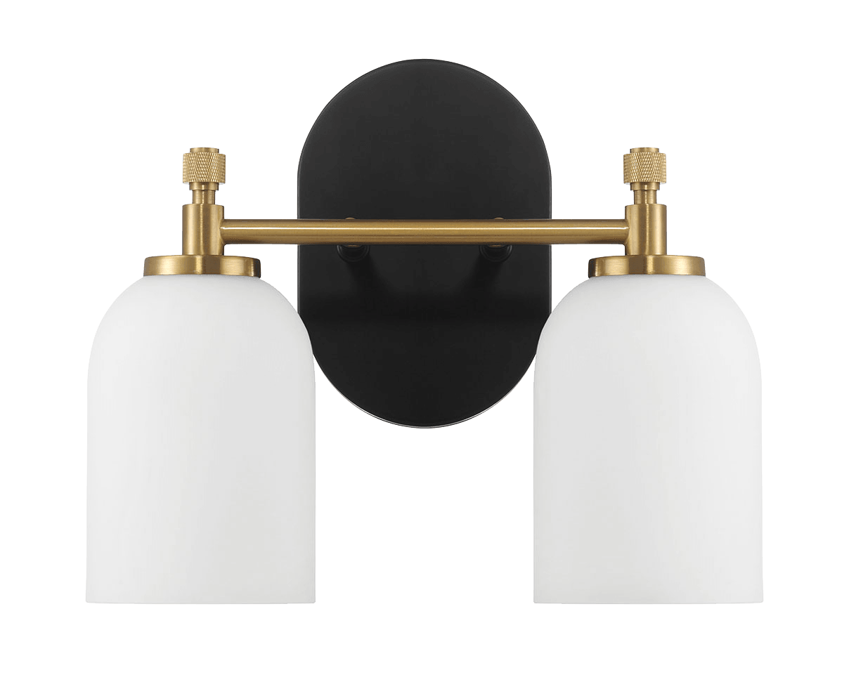 Vortex Two Lights Vanity In Traditional Style For Over Bathroom Mirror Wall Sconce 12.25"W 10.125"H 5.5"E With White Frosted Glass Black,Gold,White Glass,Metal