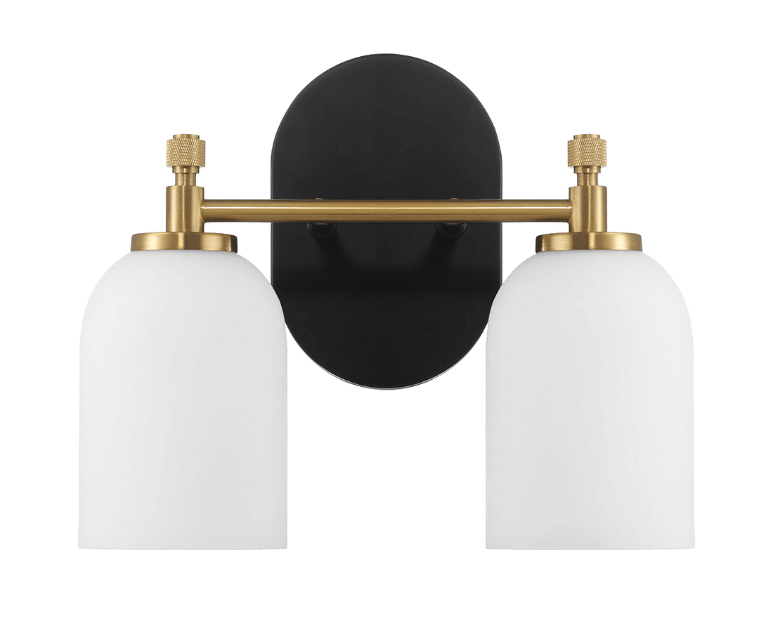 Vortex Two Lights Vanity In Traditional Style For Over Bathroom Mirror Wall Sconce 12.25"W 10.125"H 5.5"E With White Frosted Glass Black,Gold,White Glass,Metal