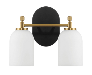 Vortex Two Lights Vanity In Traditional Style For Over Bathroom Mirror Wall Sconce 12.25"W 10.125"H 5.5"E With White Frosted Glass Black,Gold,White Glass,Metal