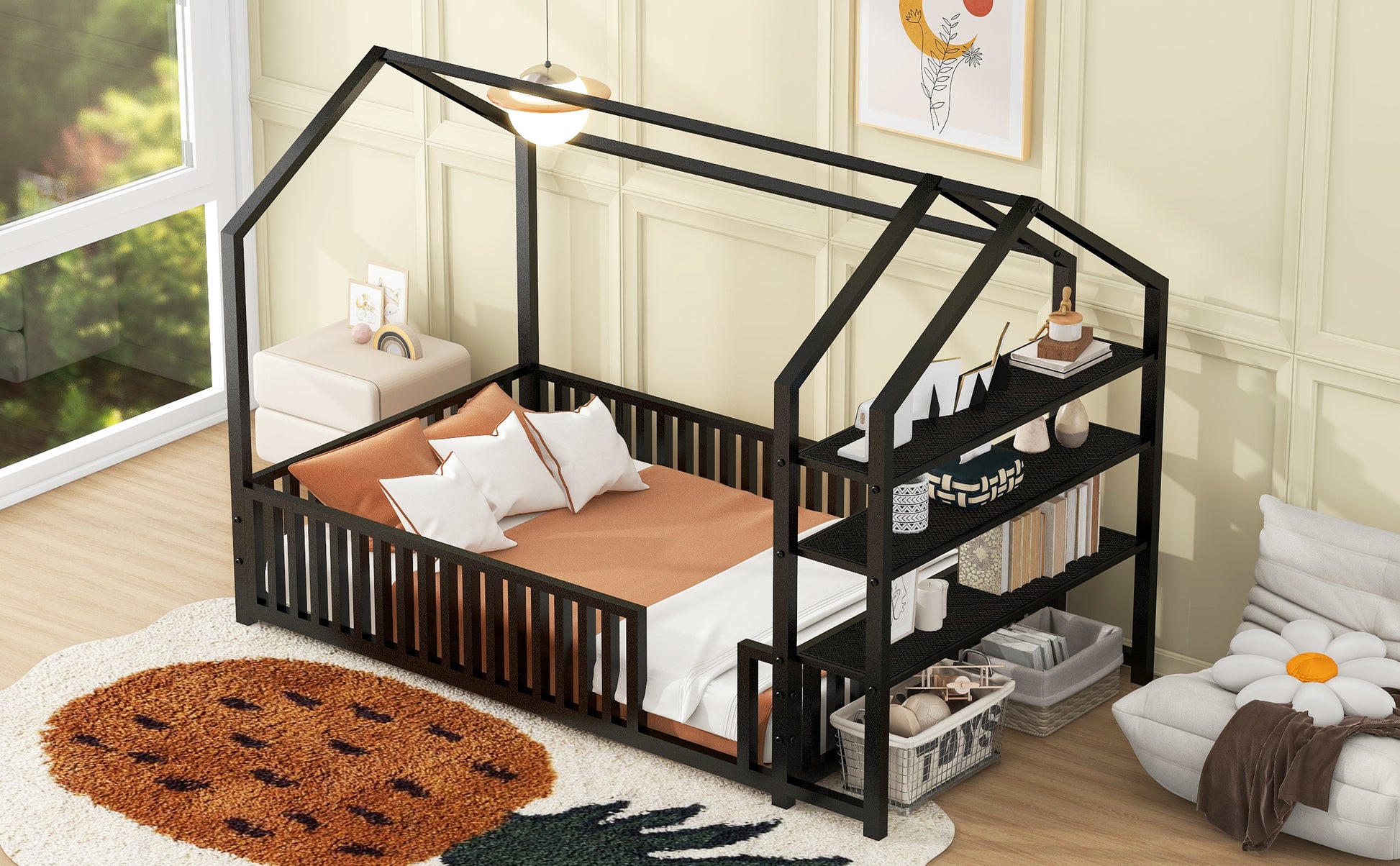 Twin Size Metal House Bed With Fence And Detachable Storage Shelves, Black Twin Black Metal