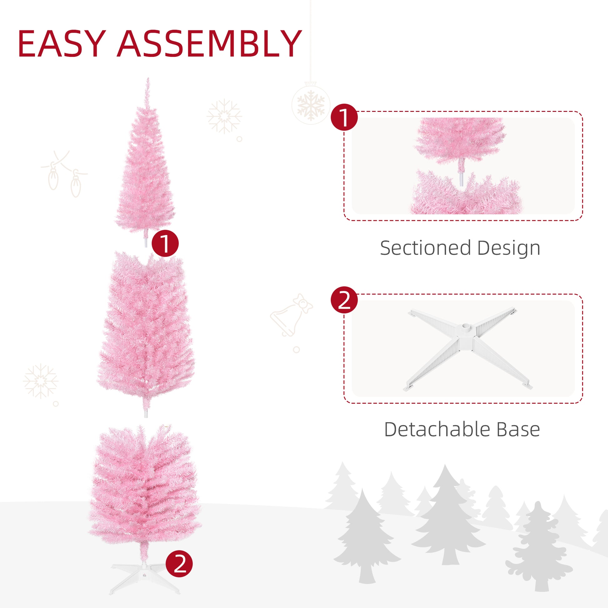 Homcom 7' Artificial Pencil Christmas Tree, Slim Xmas Tree With 499 Realistic Branch Tips And Plastic Stand, Pink Pink Polyvinyl Chloride
